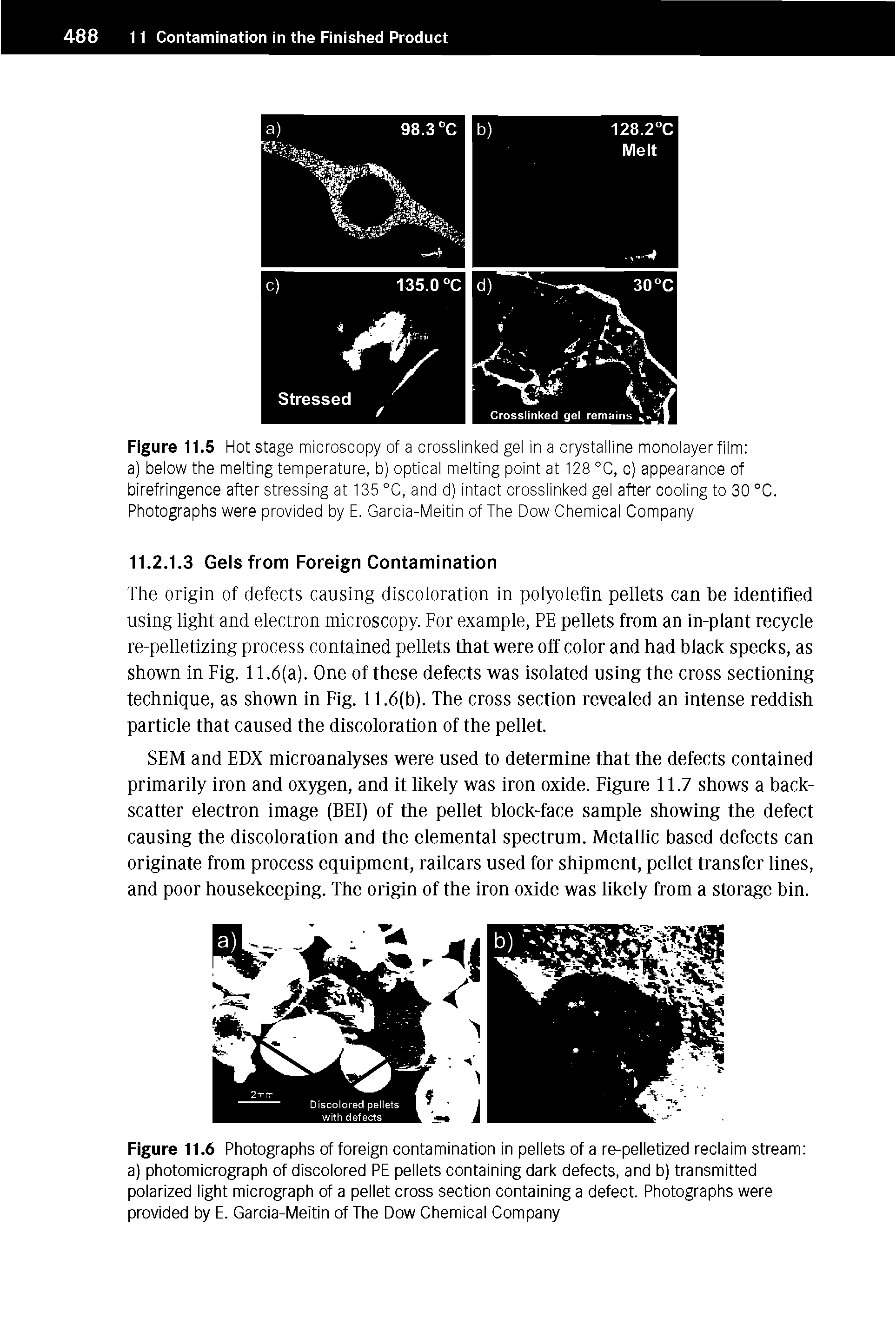 Figure 11.5 Hot stage microscopy of a crosslinked gel in a crystalline monolayer film a) below the melting temperature, b) optical melting point at 128 °C, c) appearance of birefringence after stressing at 135 °C, and d) intact crosslinked gel after cooling to 30 °C. Photographs were provided by E. Garcia-Meitin of The Dow Chemical Company...