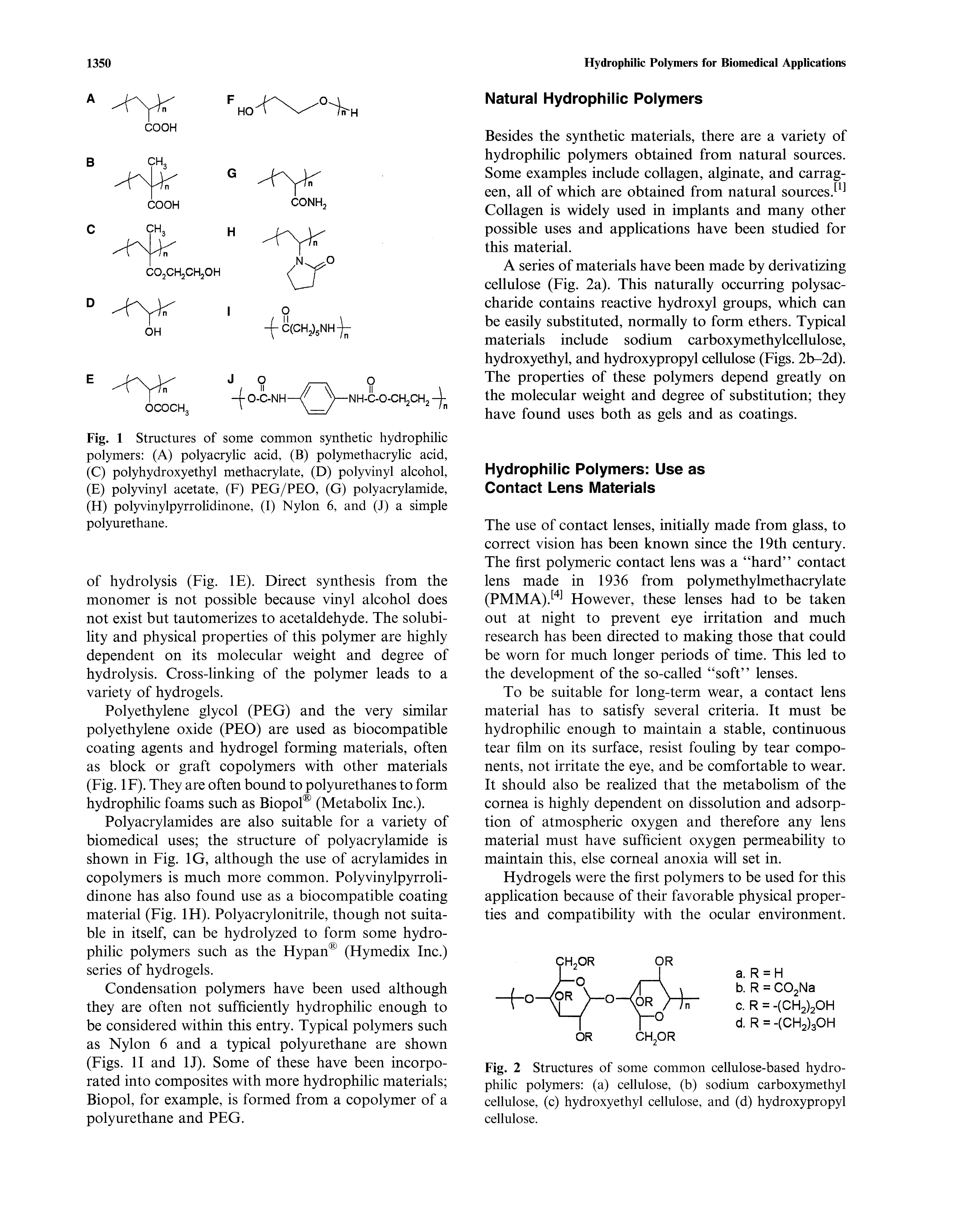 Fig. 1 Structures of some common synthetic hydrophilic polymers (A) poly aery lie acid, (B) polymethacrylic acid, (C) polyhydroxyethyl methacrylate, (D) polyvinyl alcohol, (E) polyvinyl acetate, (F) PEG/PEO, (G) polyacrylamide, (H) polyvinylpyrrolidinone, (I) Nylon 6, and (J) a simple polyurethane.