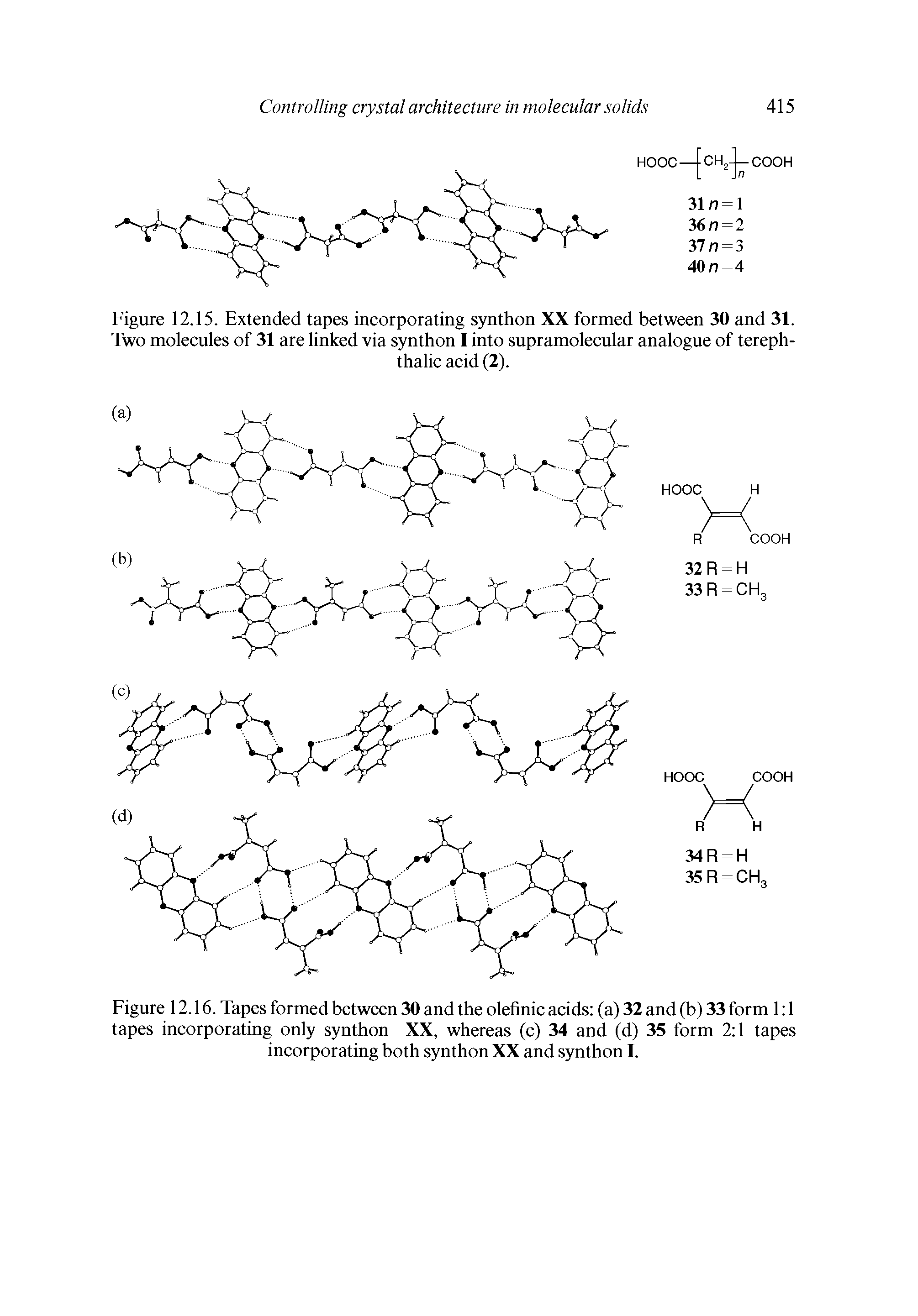 Figure 12.16. Tapes formed between 30 and the olefinic acids (a) 32 and (b) 33 form 1 1 tapes incorporating only synthon XX, whereas (c) 34 and (d) 35 form 2 1 tapes incorporating both synthon XX and synthon I.