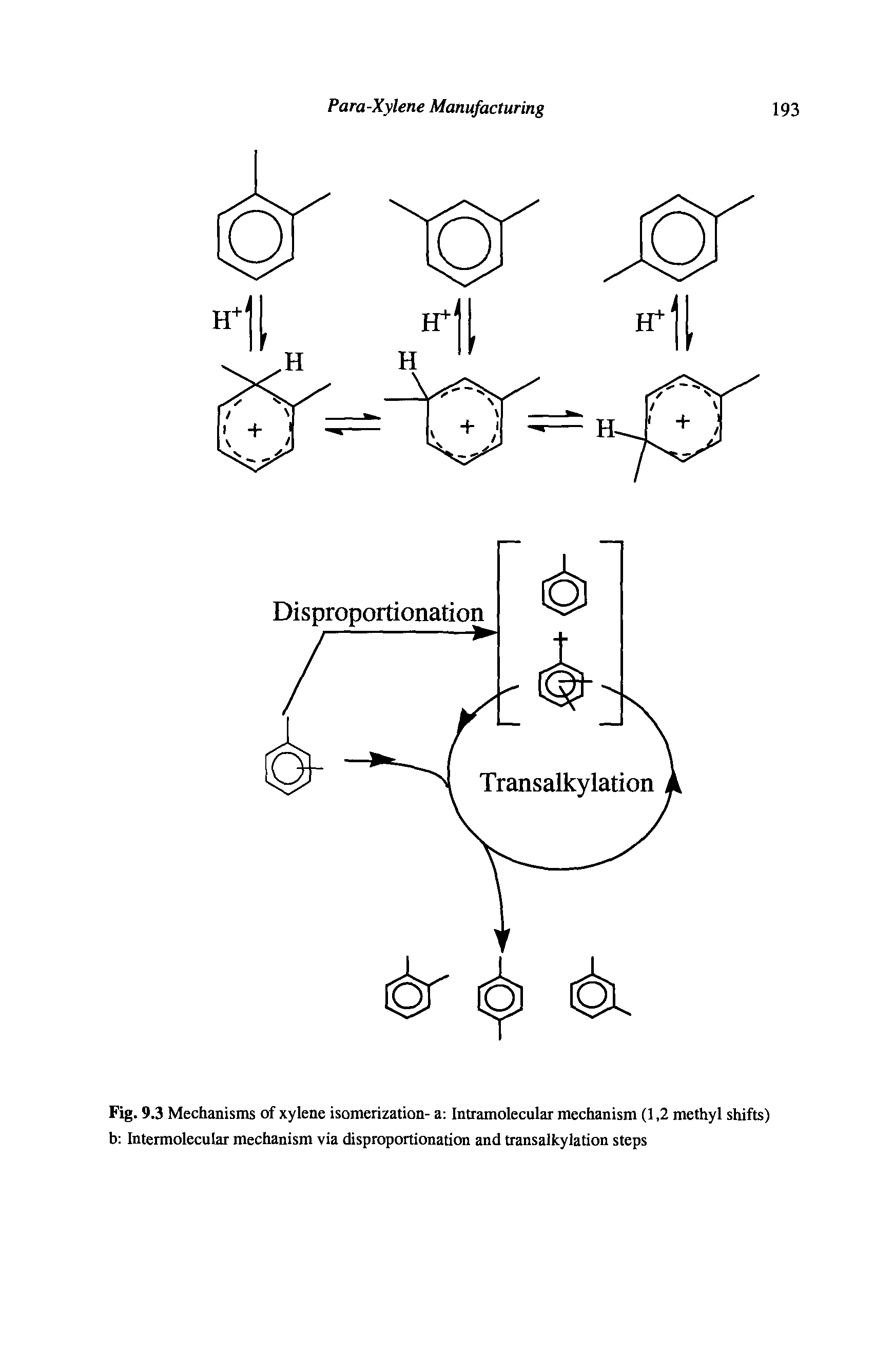 Fig.9.3 Mechanisms of xylene isomerization- a Intramolecular mechanism (1,2 methyl shifts) b Intermolecular mechanism via disproportionation and transalkylation steps...