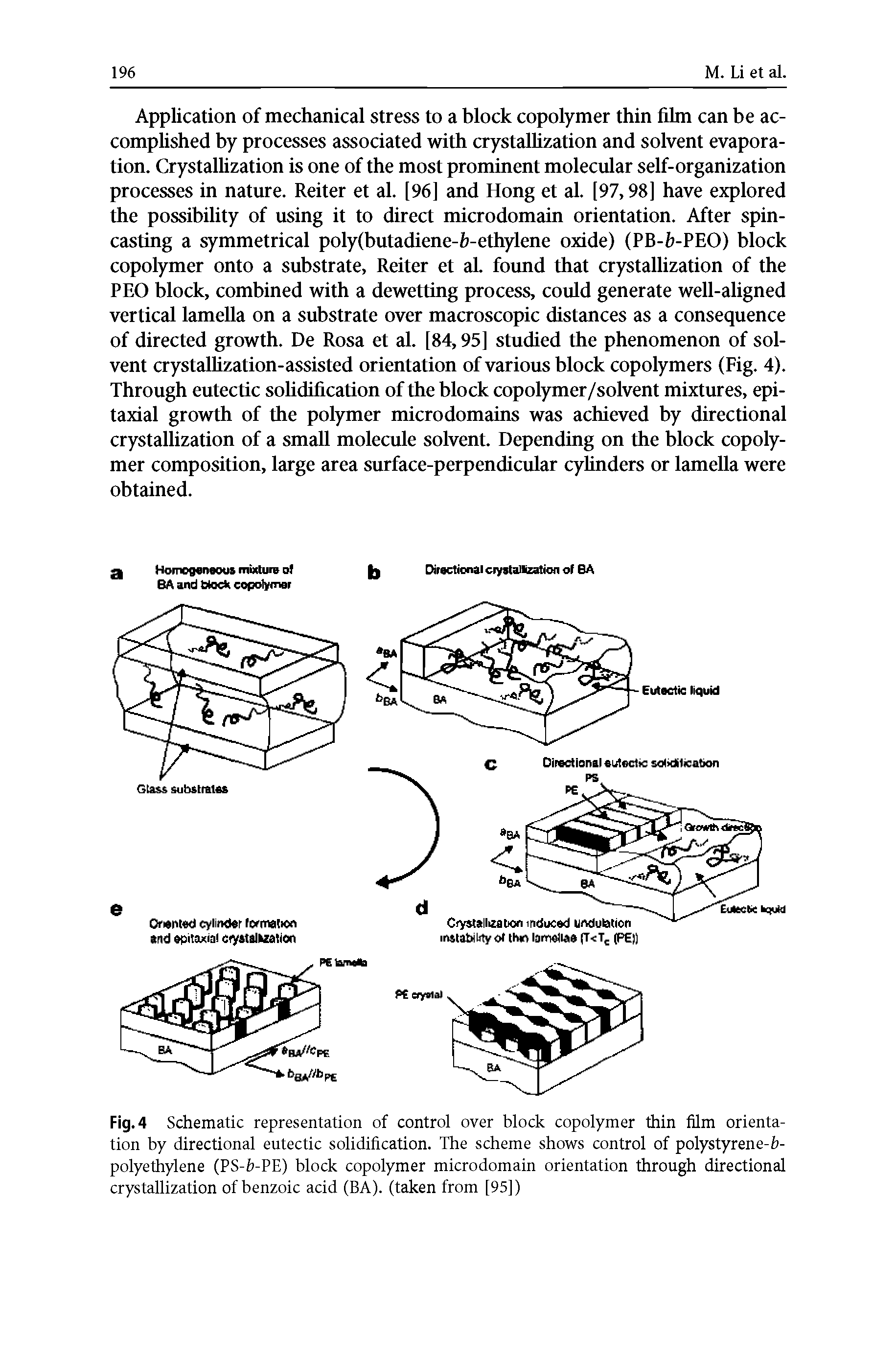 Fig. 4 Schematic representation of control over block copolymer thin film orientation by directional eutectic solidification. The scheme shows control of polystyrene-b-polyethylene (PS-b-PE) block copolymer microdomain orientation through directional crystallization of benzoic acid (BA), (taken from [95])...
