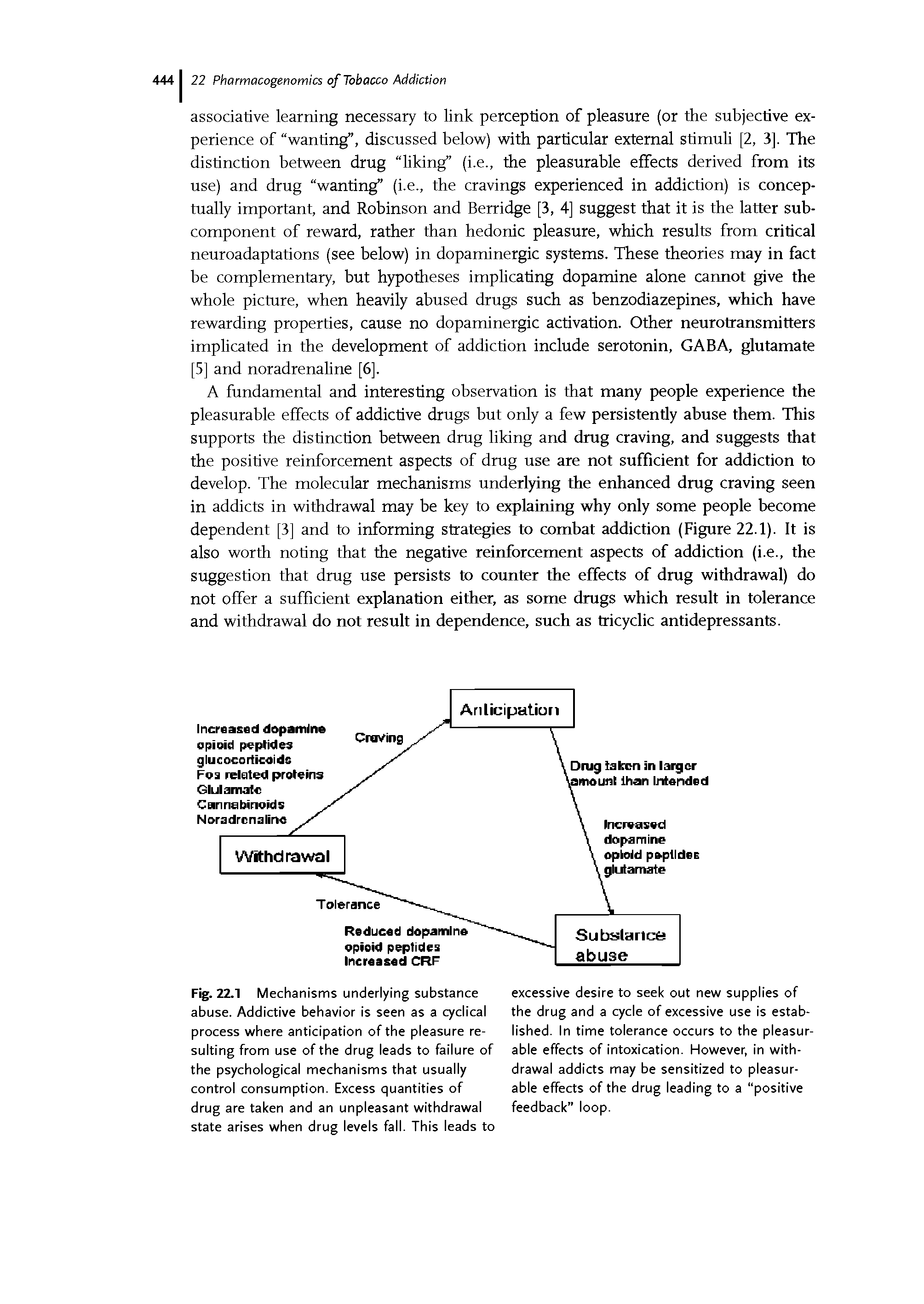 Fig. 22.1 Mechanisms underlying substance abuse. Addictive behavior is seen as a cyclical process where anticipation of the pleasure resulting from use of the drug leads to failure of the psychological mechanisms that usually control consumption. Excess quantities of drug are taken and an unpleasant withdrawal state arises when drug levels fall. This leads to...