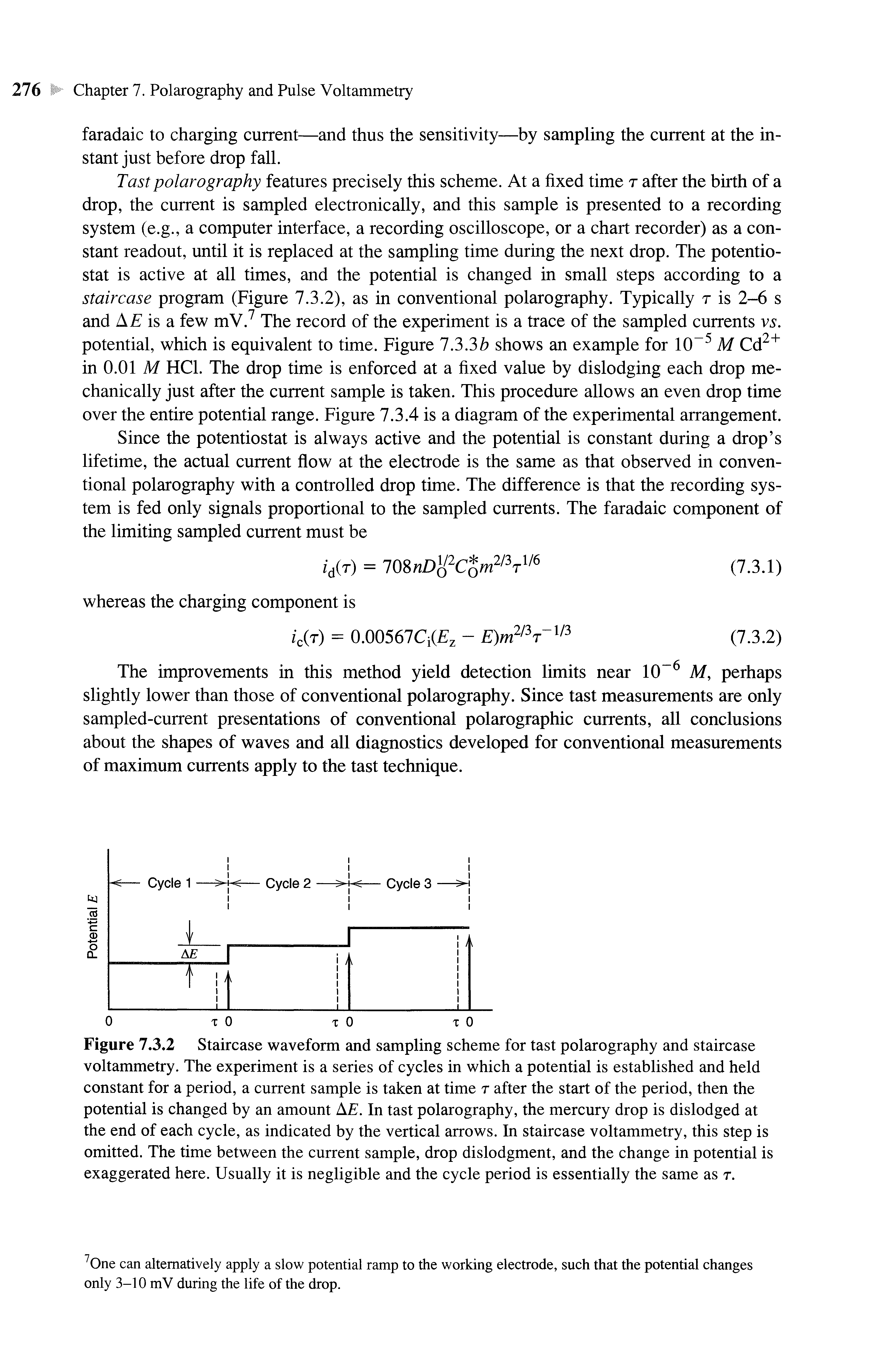 Figure 7.3.2 Staircase waveform and sampling scheme for tast polarography and staircase voltammetry. The experiment is a series of cycles in which a potential is established and held constant for a period, a current sample is taken at time r after the start of the period, then the potential is changed by an amount AF. In tast polarography, the mercury drop is dislodged at the end of each cycle, as indicated by the vertical arrows. In staircase voltammetry, this step is omitted. The time between the current sample, drop dislodgment, and the change in potential is exaggerated here. Usually it is negligible and the cycle period is essentially the same as r.