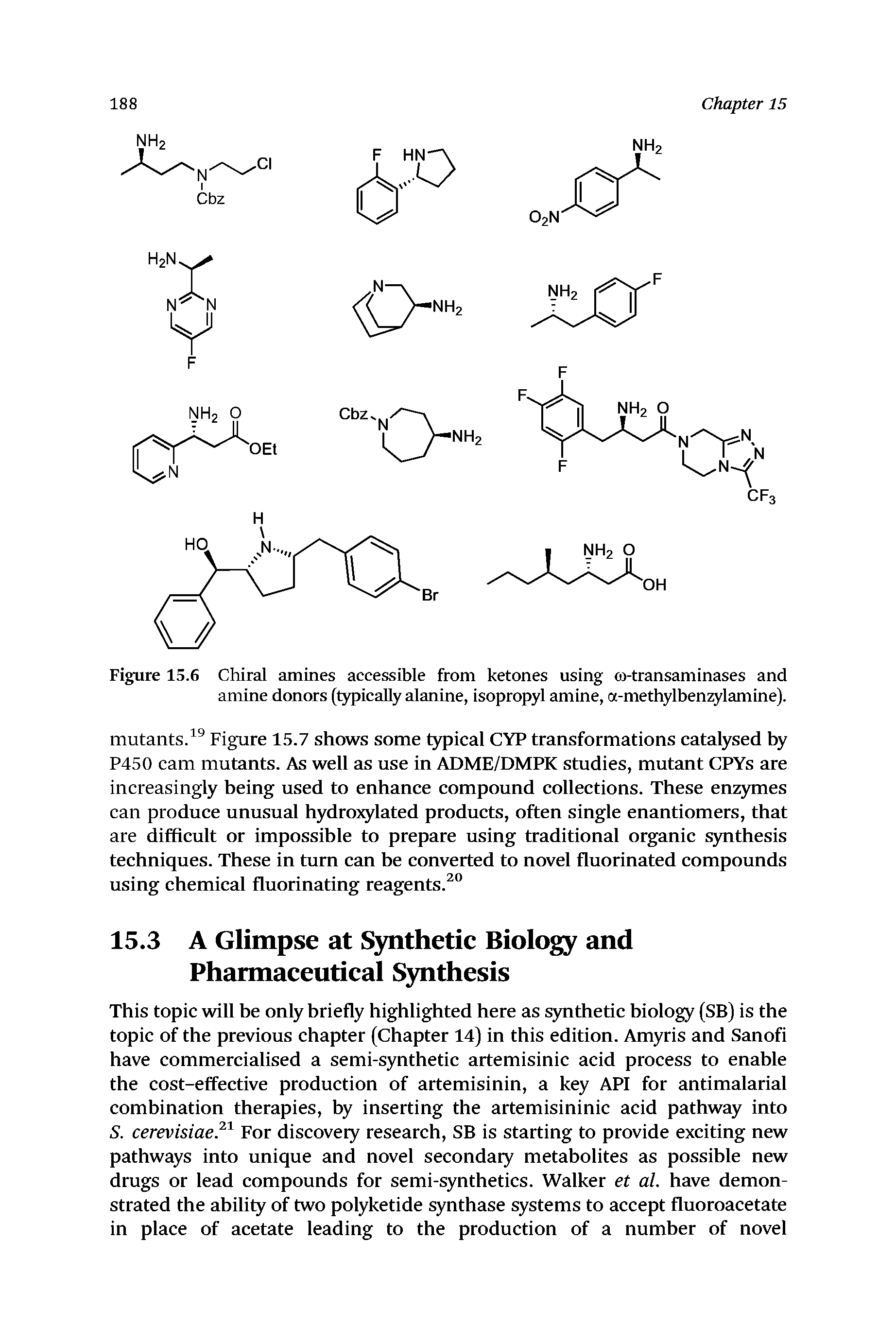 Figure 15.6 Chiral amines accessible from ketones using o-transaminases and amine donors (typically alanine, isopropyl amine, a-methylbenzylamine).