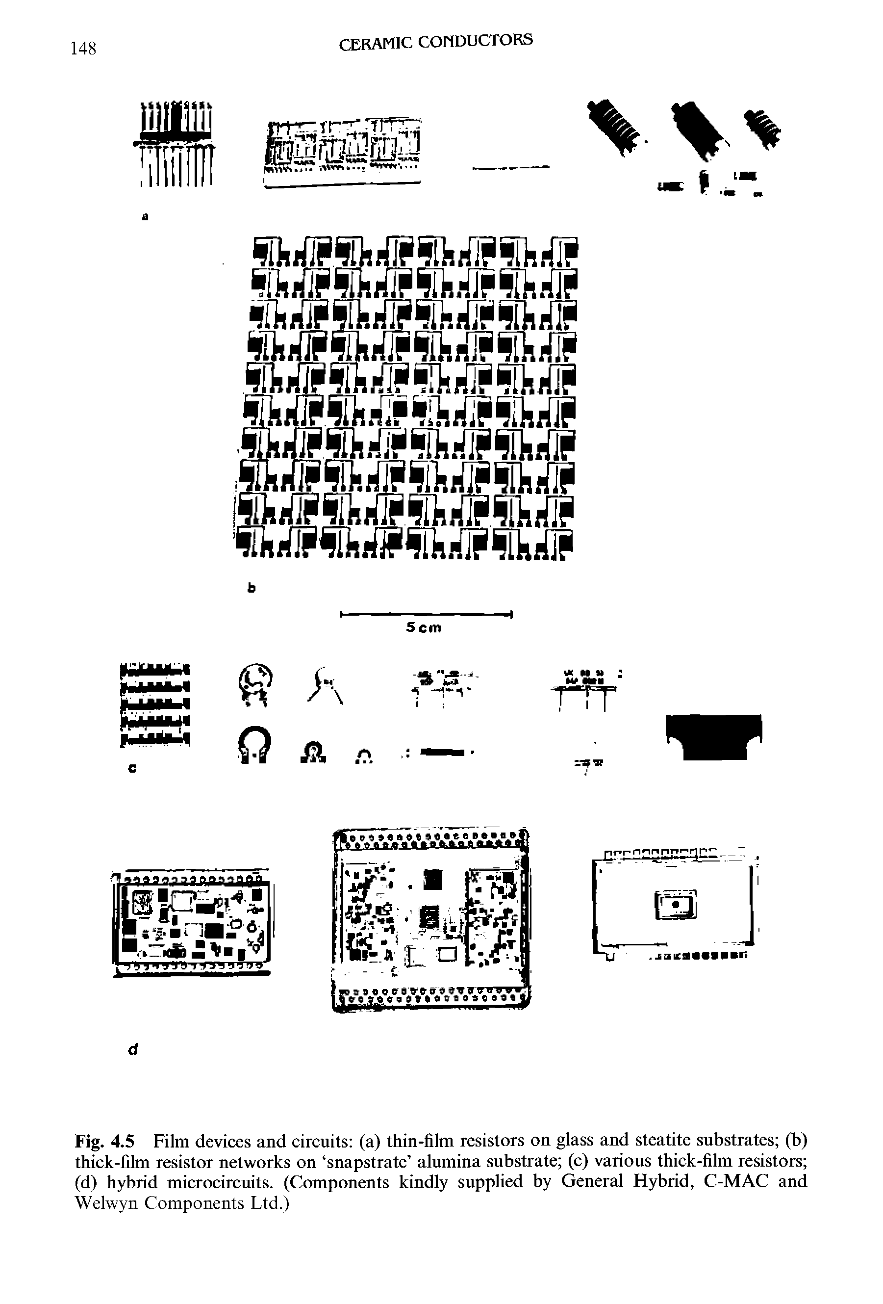 Fig. 4.5 Film devices and circuits (a) thin-film resistors on glass and steatite substrates (b) thick-film resistor networks on snapstrate alumina substrate (c) various thick-film resistors (d) hybrid microcircuits. (Components kindly supplied by General Hybrid, C-MAC and...