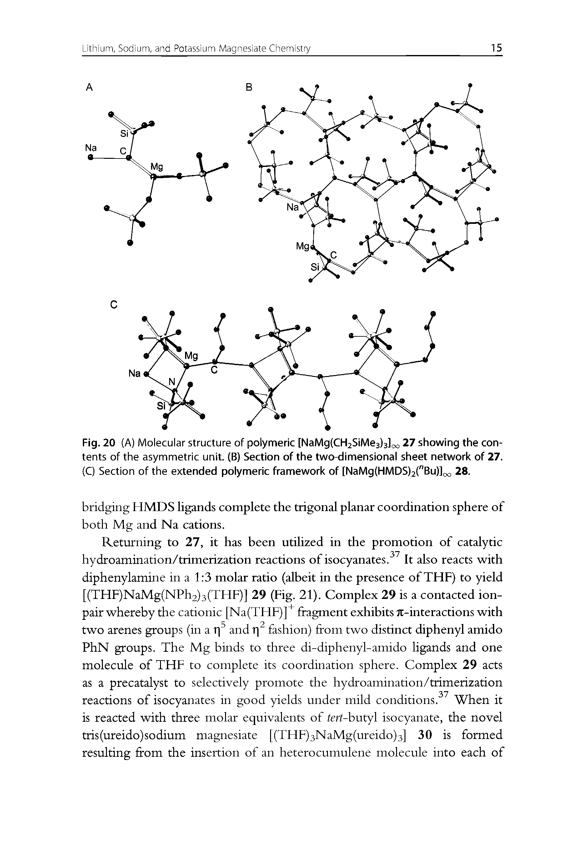 Fig. 20 (A) Molecular structure of polymeric [NaMg(CH2SiMe3)3loo 27 showing the contents of the asymmetric unit. (B) Section of the two-dimensional sheet network of 27. (C) Section of the extended polymeric framework of [NaMg(HMDS)2("Bu)]oo 28.
