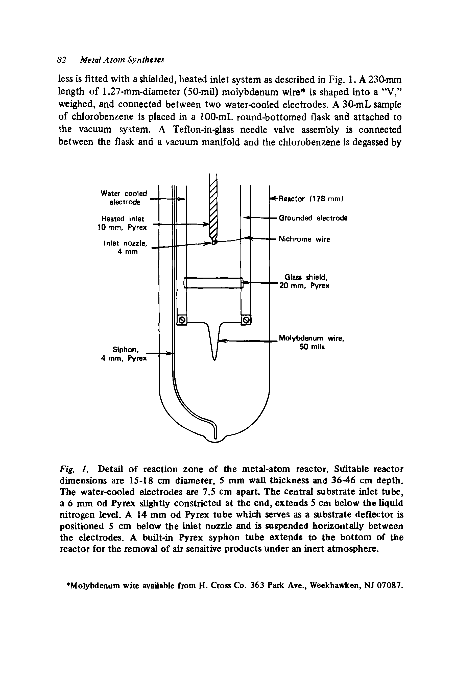 Fig. 1. Detail of reaction zone of the metal-atom reactor. Suitable reactor dimensions are 15-18 cm diameter, 5 mm wall thickness and 36-46 cm depth. The water-cooled electrodes are 7.5 cm apart. The central substrate inlet tube, a 6 mm od Pyrex slightly constricted at the end, extends 5 cm below the liquid nitrogen level. A 14 mm od Pyrex tube which serves as a substrate deflector is positioned 5 cm below the inlet nozzle and is suspended horizontally between the electrodes. A built-in Pyrex syphon tube extends to the bottom of the reactor for the removal of air sensitive products under an inert atmosphere.
