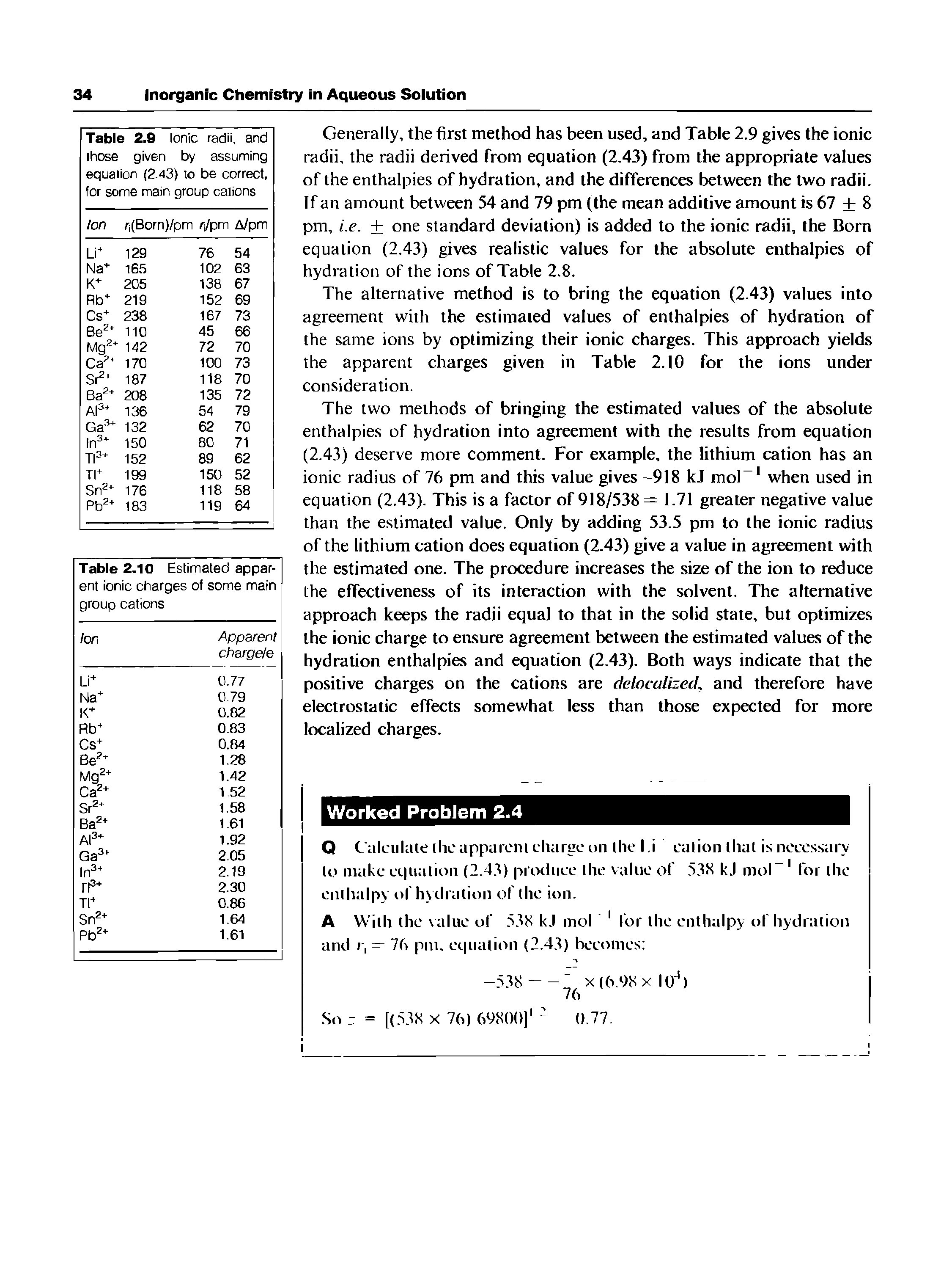 Table 2.9 Ionic radii, and ihose given by assuming equalion (2.43) to be correct, for some main group cations...