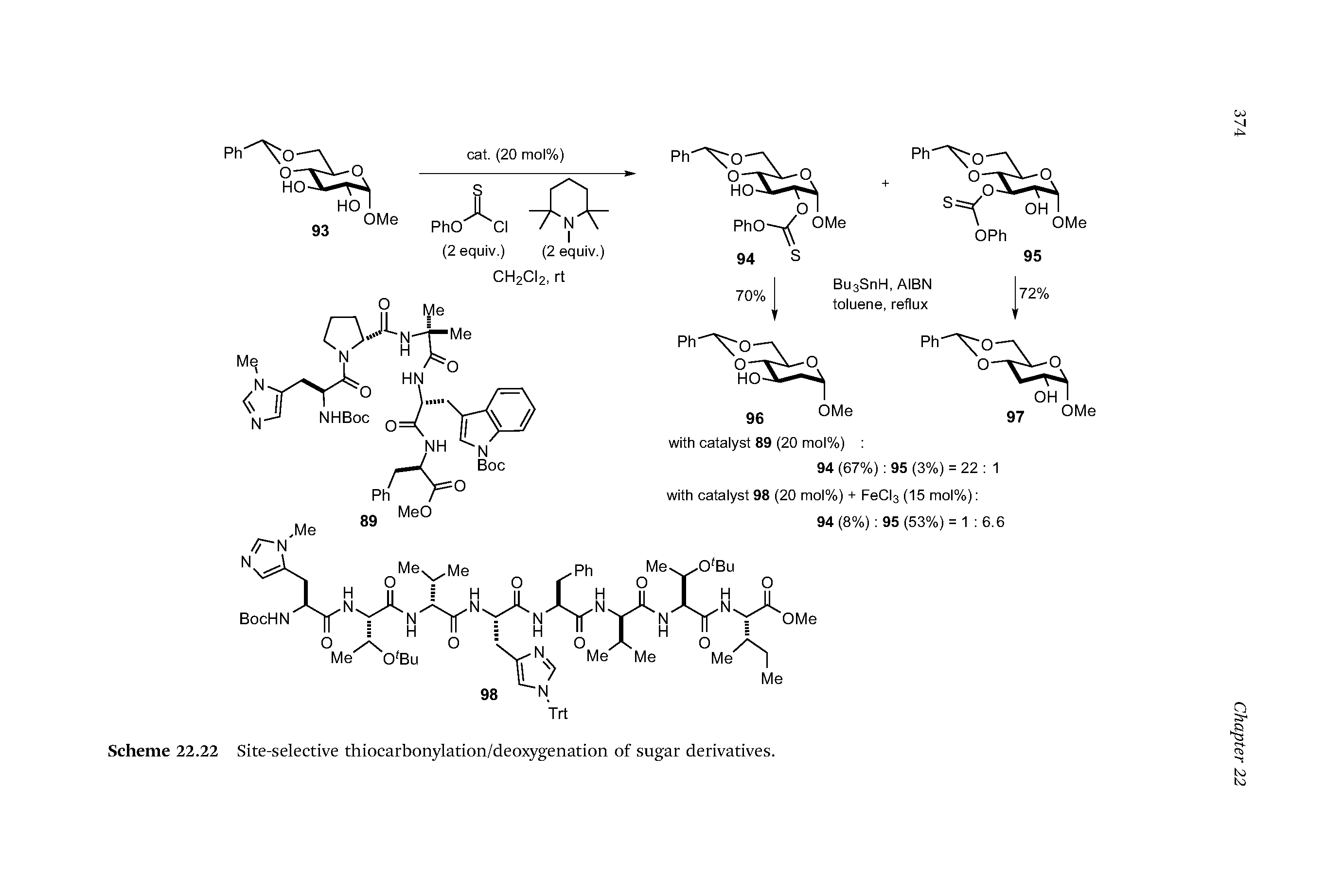 Scheme 22.22 Site-selective thiocarbonylation/deoxygenation of sugar derivatives.