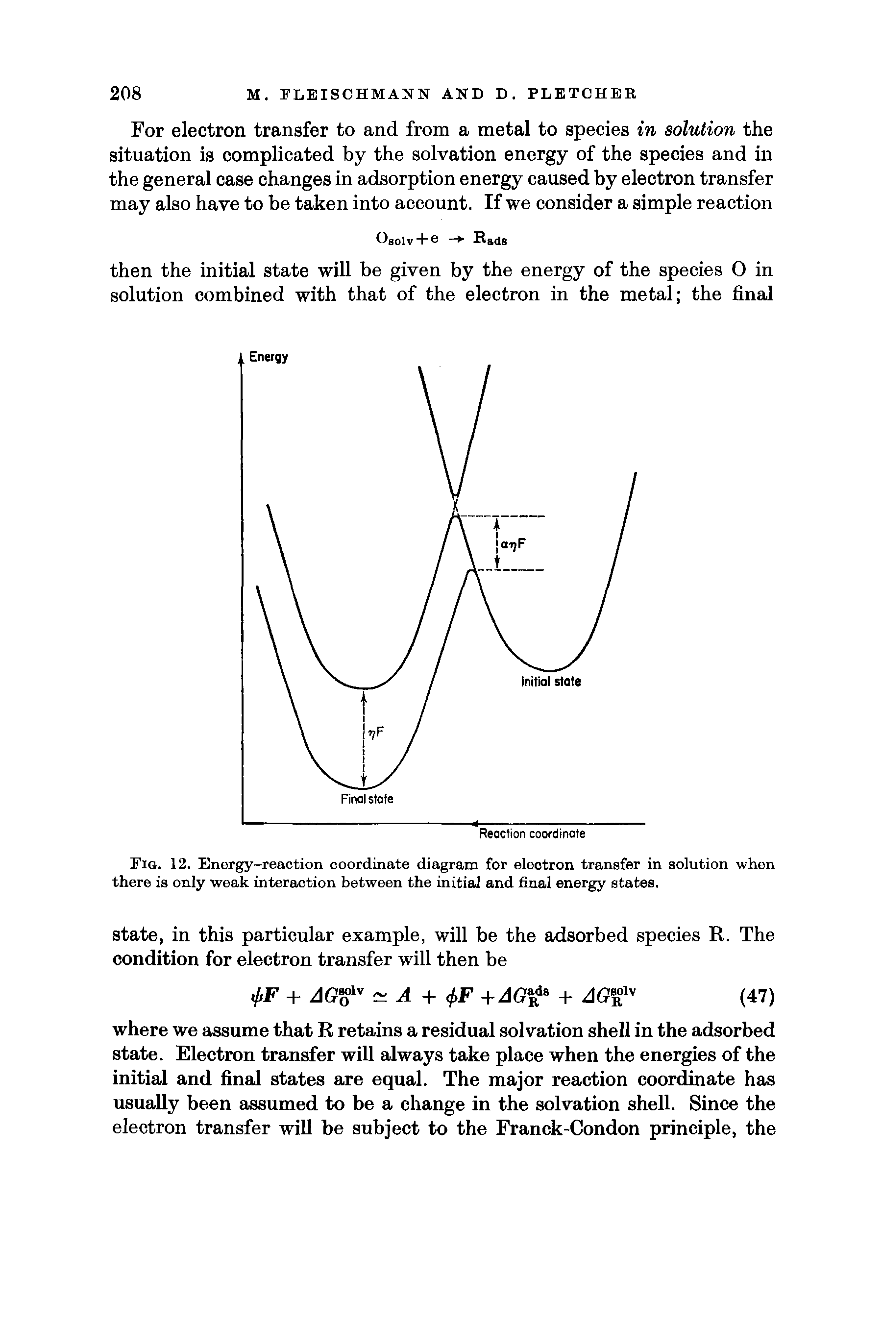 Fig. 12. Energy-reaction coordinate diagram for electron transfer in solution when there is only weak interaction between the initial and final energy states.