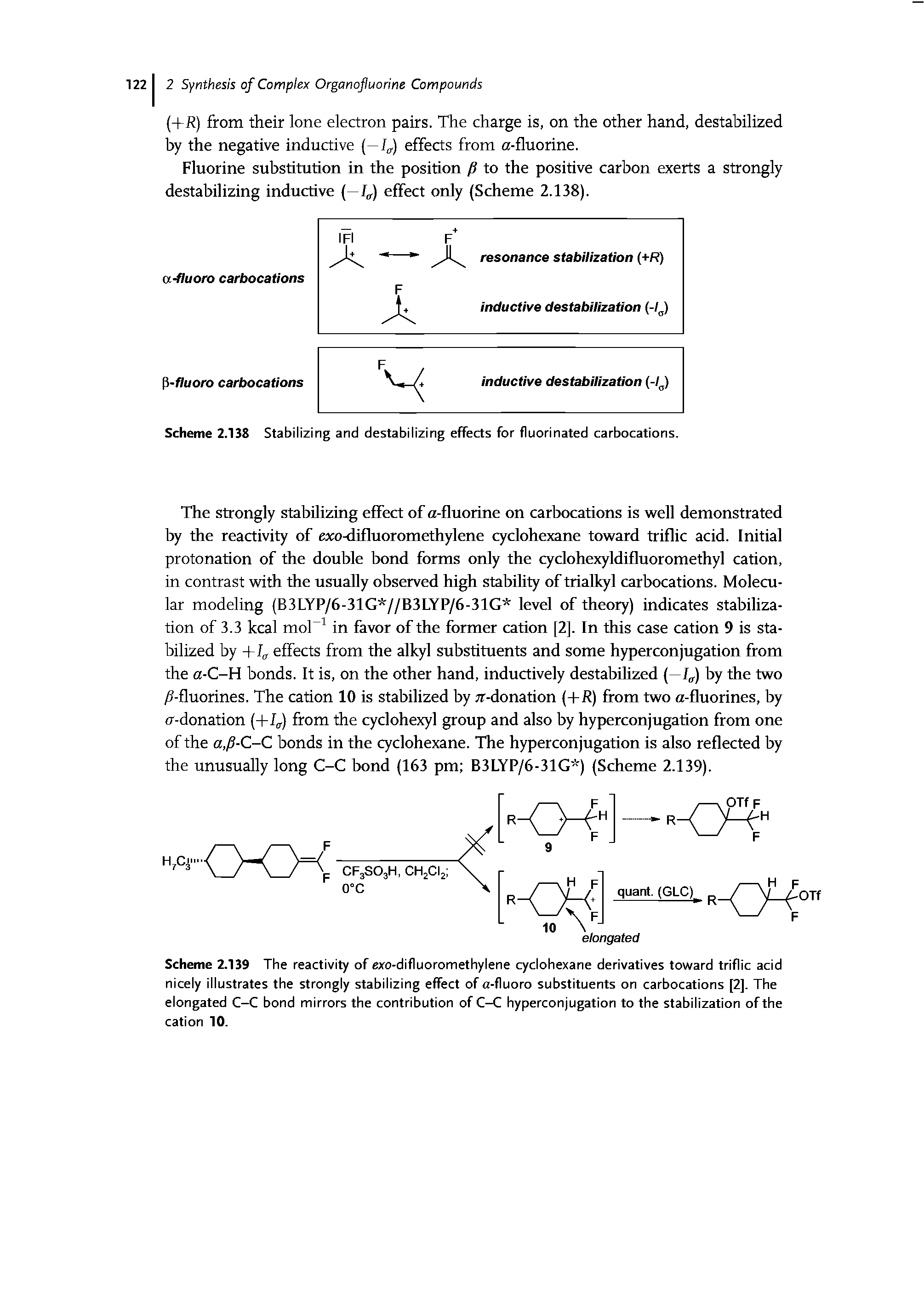Scheme 2.138 Stabilizing and destabilizing effects for fluorinated carbocations.