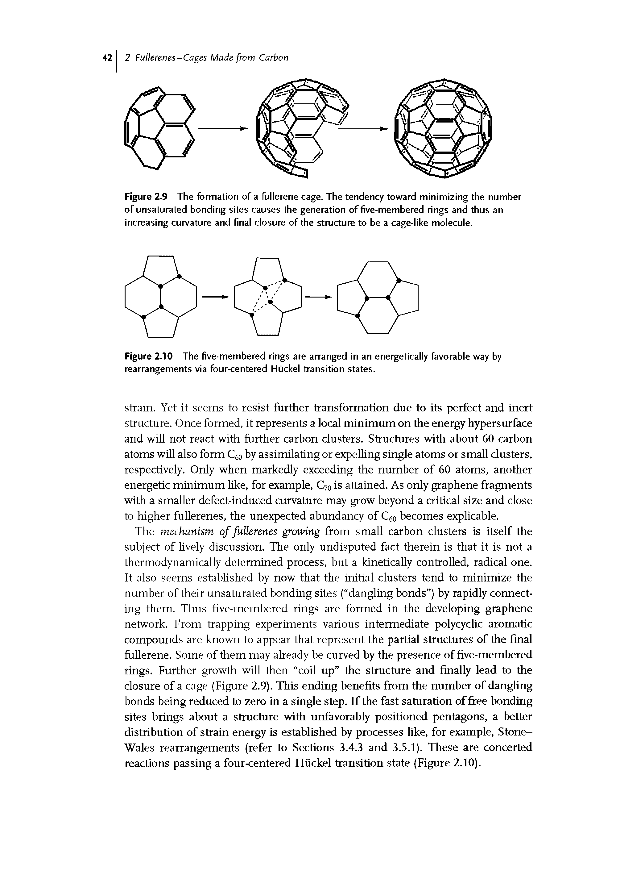 Figure 2.9 The formation of a flillerene cage. The tendency toward minimizing the number of unsaturated bonding sites causes the generation of five-membered rings and thus an increasing curvature and final closure of the stmcture to be a cage-like molecule.