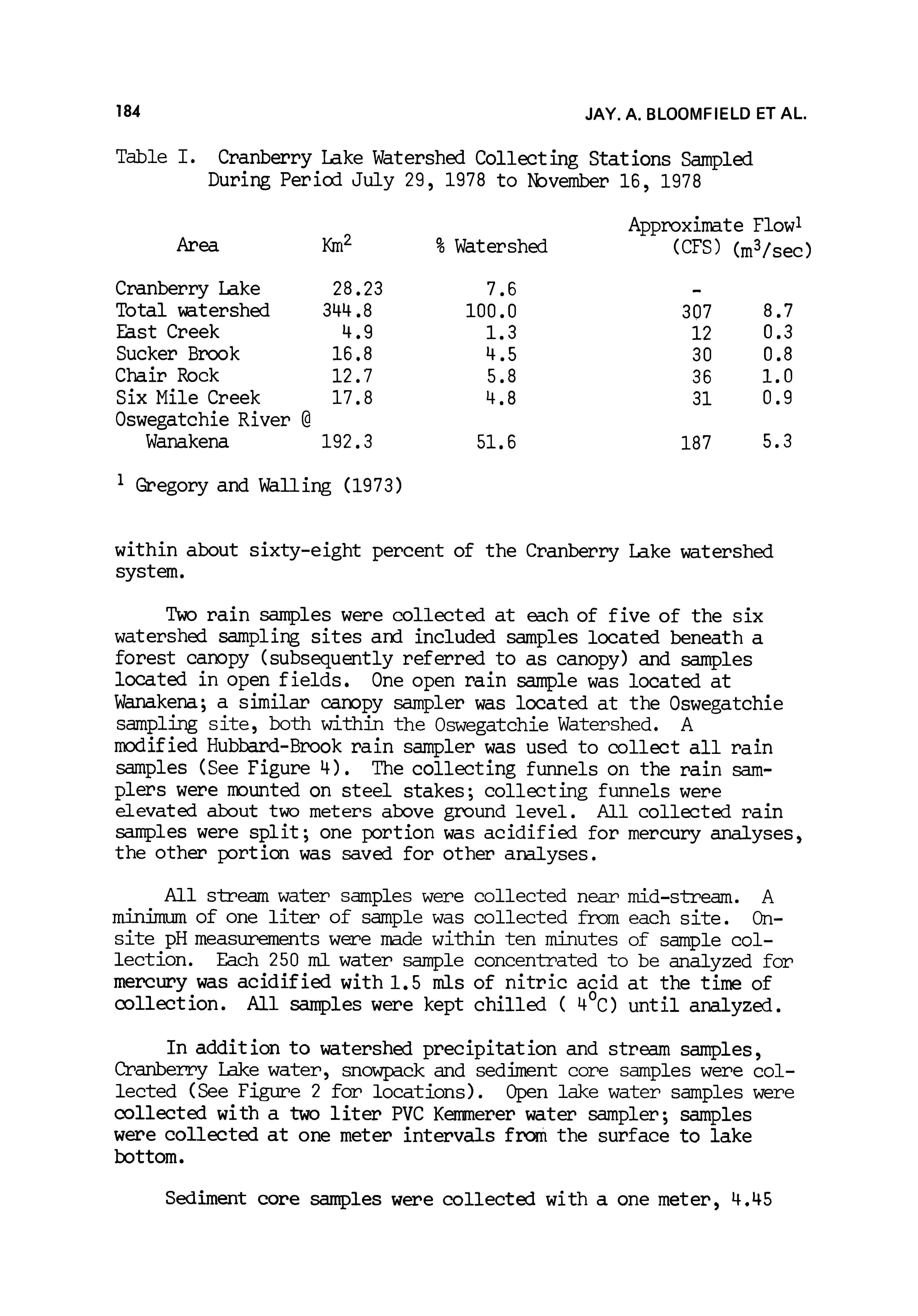 Table I. Cranberry Lake Watershed Collecting Stations Sanpled During Period July 29, 1978 to NDvember 16, 1978...