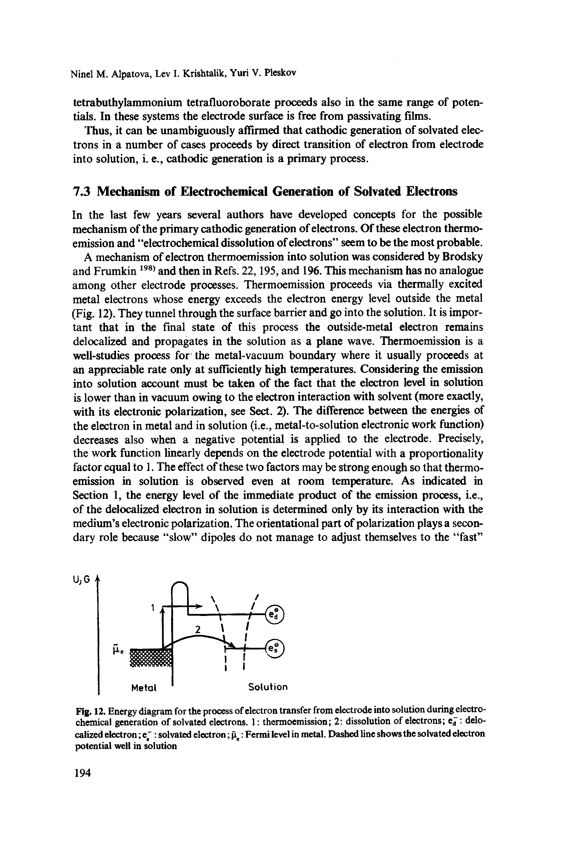 Fig. 12. Energy diagram for the process of electron transfer from electrode into solution during electrochemical generation of solvated electrons. 1 thermoemission 2 dissolution of electrons ej delocalized electron e solvated electron Fermi level in metal. Dashed line shows the solvated electron potential well in solution...