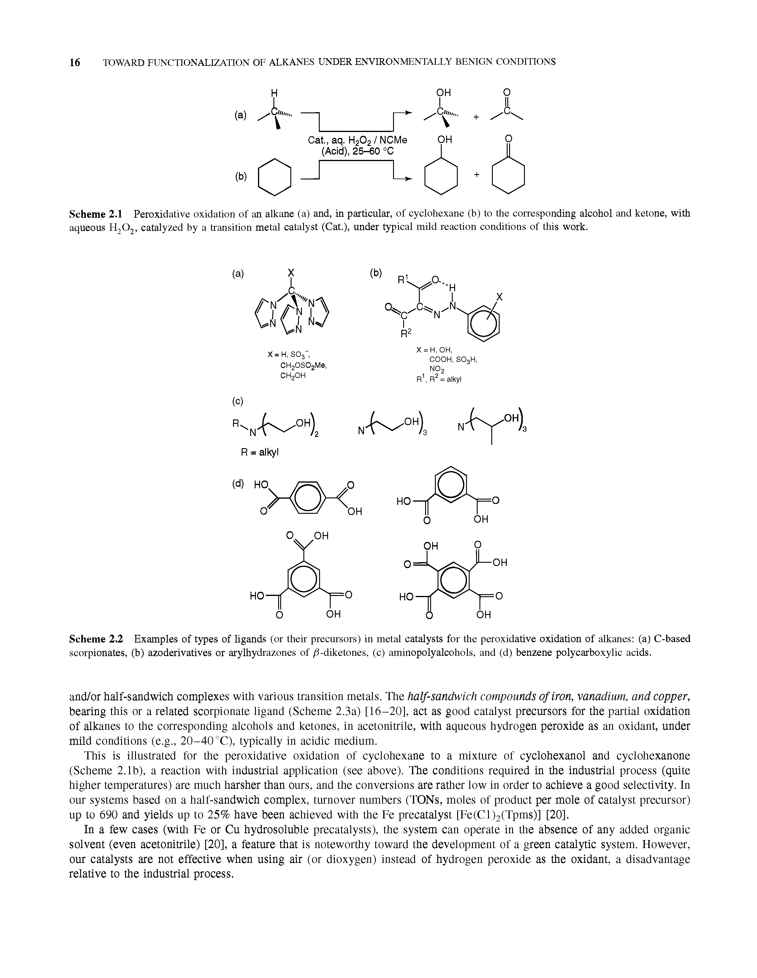 Scheme 2.2 Examples of types of ligands (or their precursors) in metal catalysts for the peroxidative oxidation of alkanes (a) C-based scorpionates, (b) azoderivatives or arylhydrazones of /S-diketones, (c) aminopolyalcohols, and (d) benzene polycarboxylic acids.