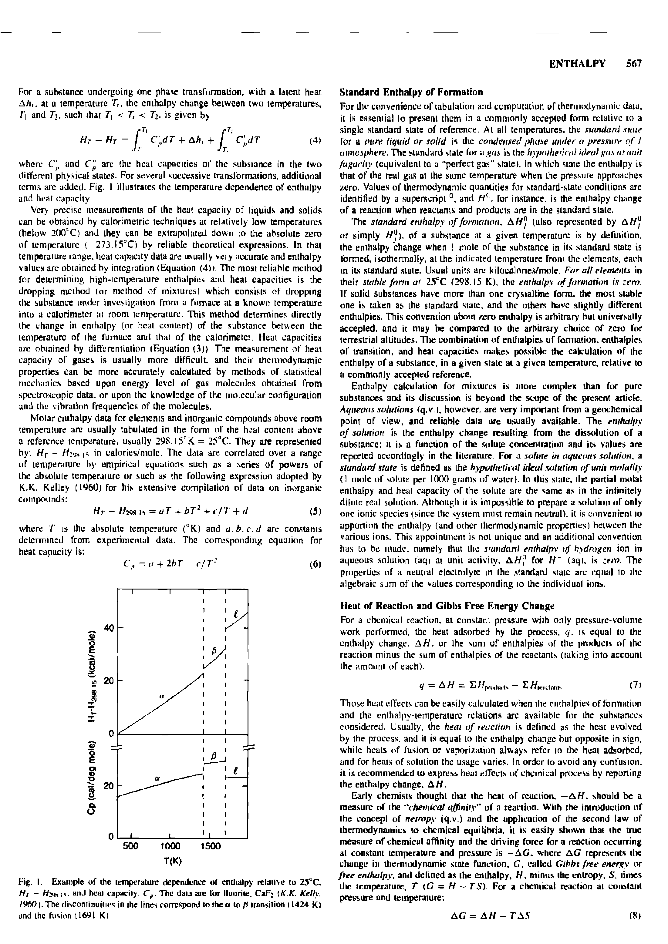 Fig. I. Example of the temperature dependence of enthalpy relative to 25°C. Hi - Hyth is- anJ heal capacity. Cp. The data arc tor fluorite, CaF K K Kelly. 191)0). The discontinuities in the lines correspond In the a to p transition 11424 K> and the fusion 11691 K)...