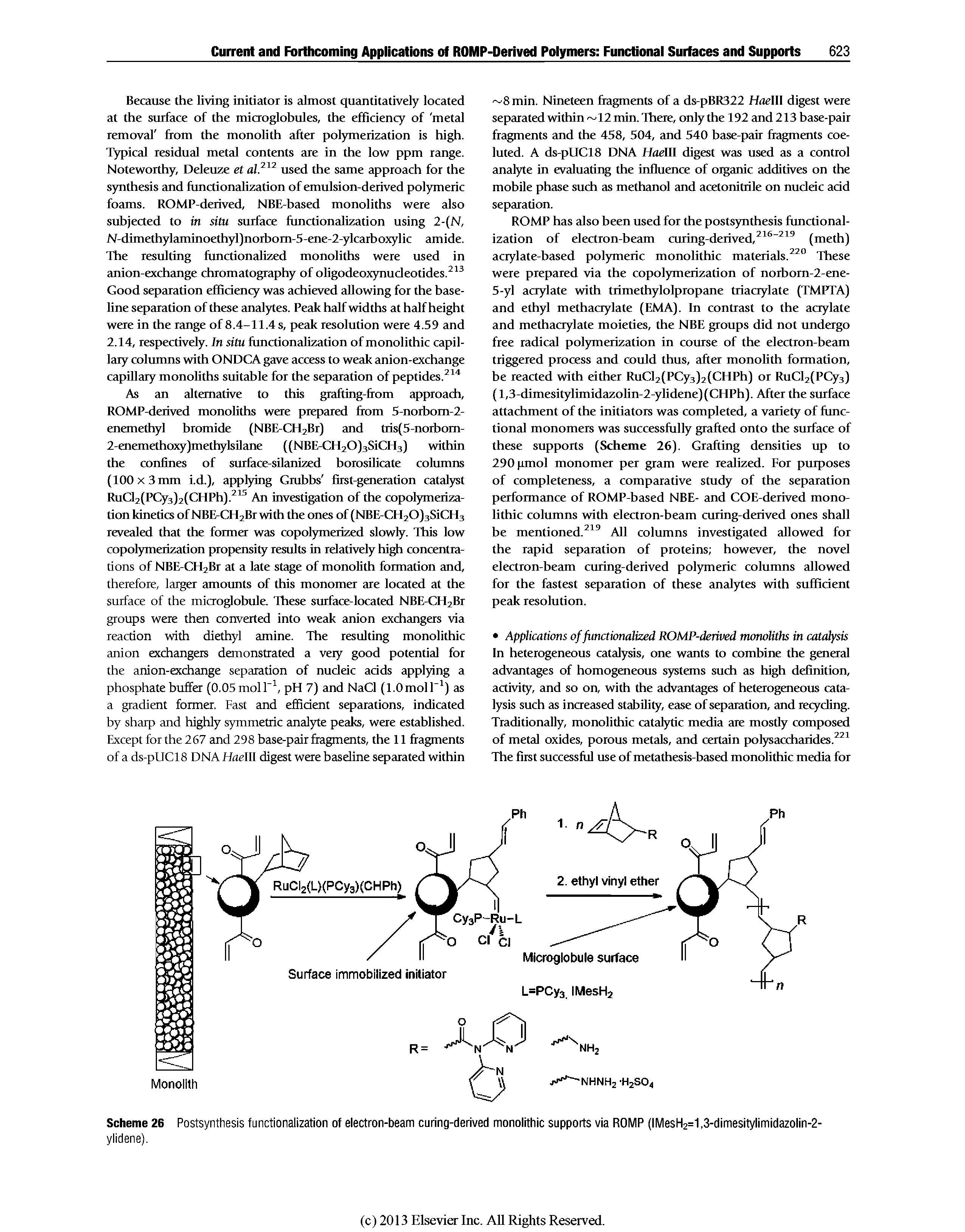 Scheme 26 Postsynthesis functionalization of electron-beam curing-derived monolithic supports via ROMP (IMesH2=1,3-dimesitylimidazolin-2-...