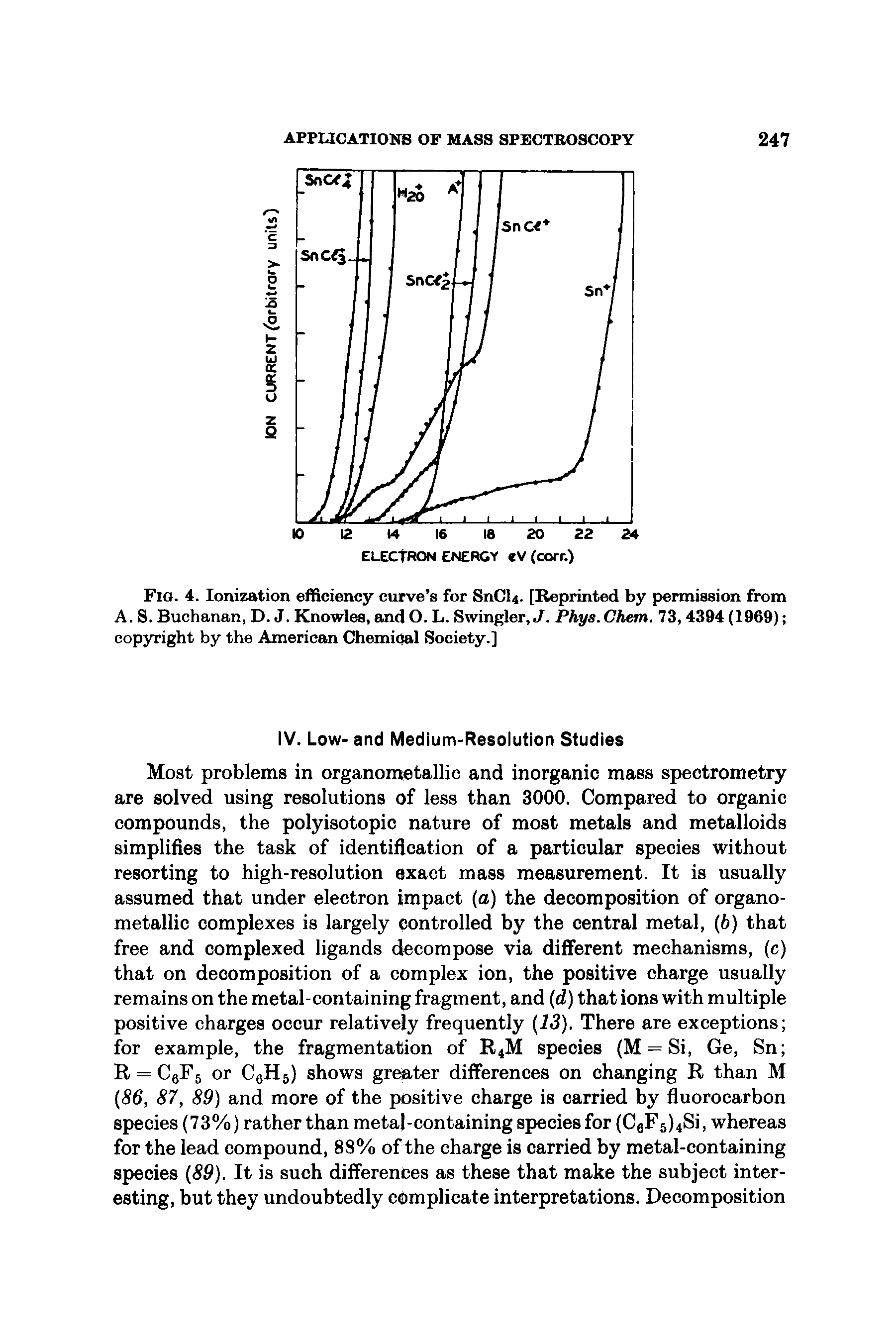 Fig. 4. Ionization efficiency curve s for SnCU. [Reprinted by permission from A. S. Buchanan, D. J. Knowles, and O. L. Swingler, J. Phys.Chem. 73,4394 (1969) copyright by the American Chemical Society.]...