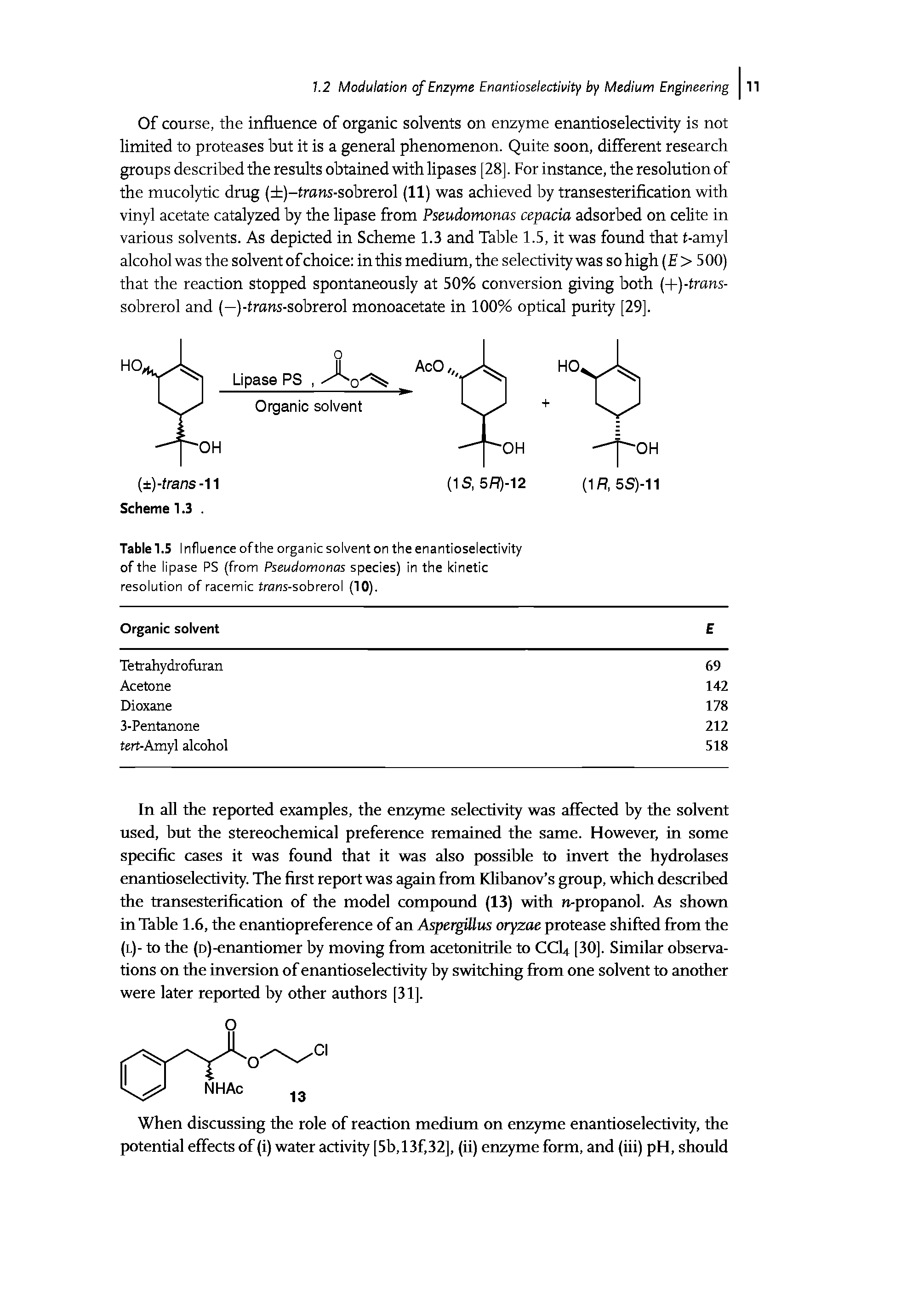 Table 1.5 I nfluence ofthe organic solvent on the enantioselectivity of the lipase PS (from Pseudomonas species) in the kinetic resolution of racemic trans-sobrerol (10).