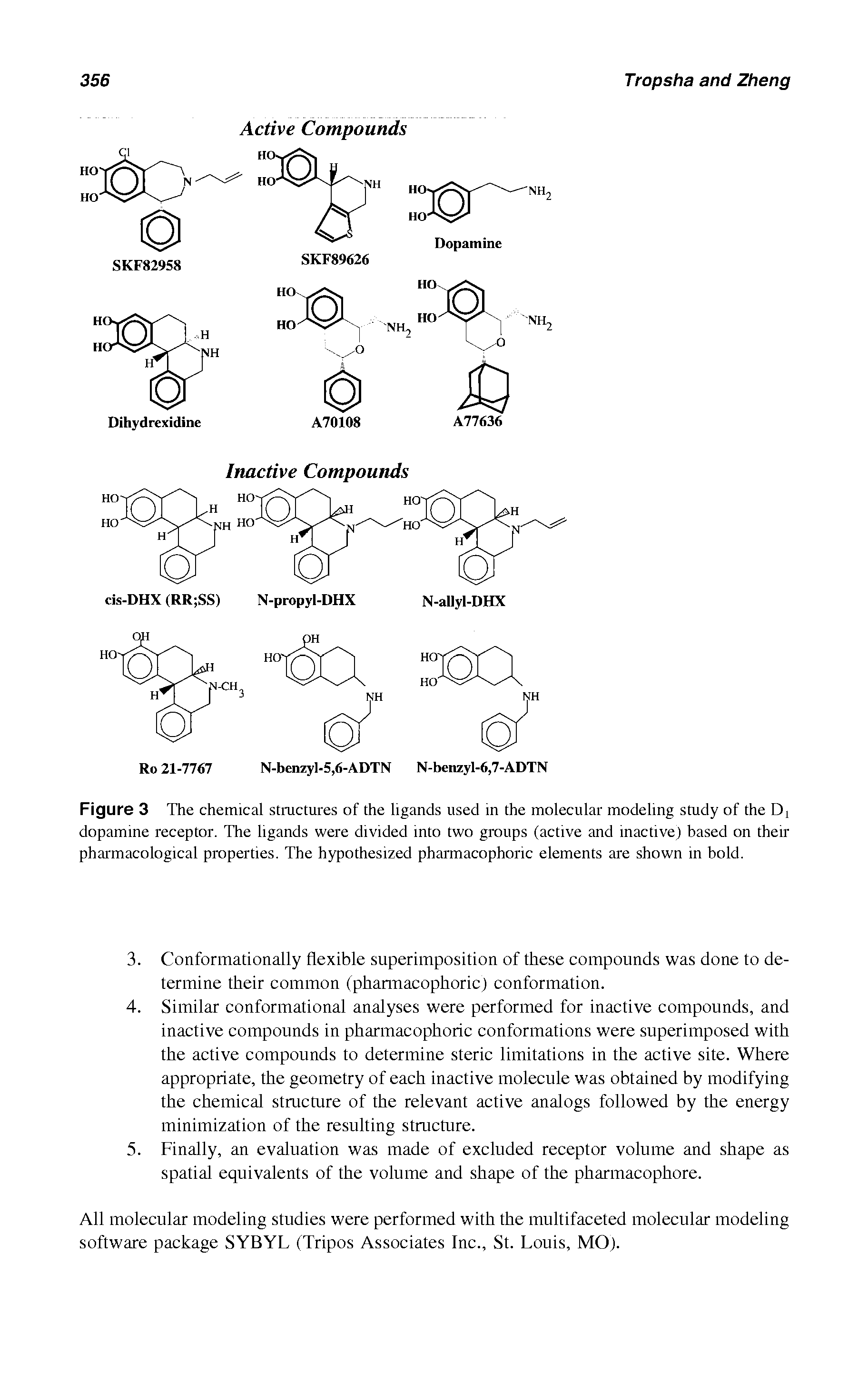 Figure 3 The chemical structures of the ligands used in the molecular modeling study of the Di dopamine receptor. The ligands were divided into two groups (active and inactive) based on their pharmacological properties. The hypothesized pharmacophoric elements are shown in bold.
