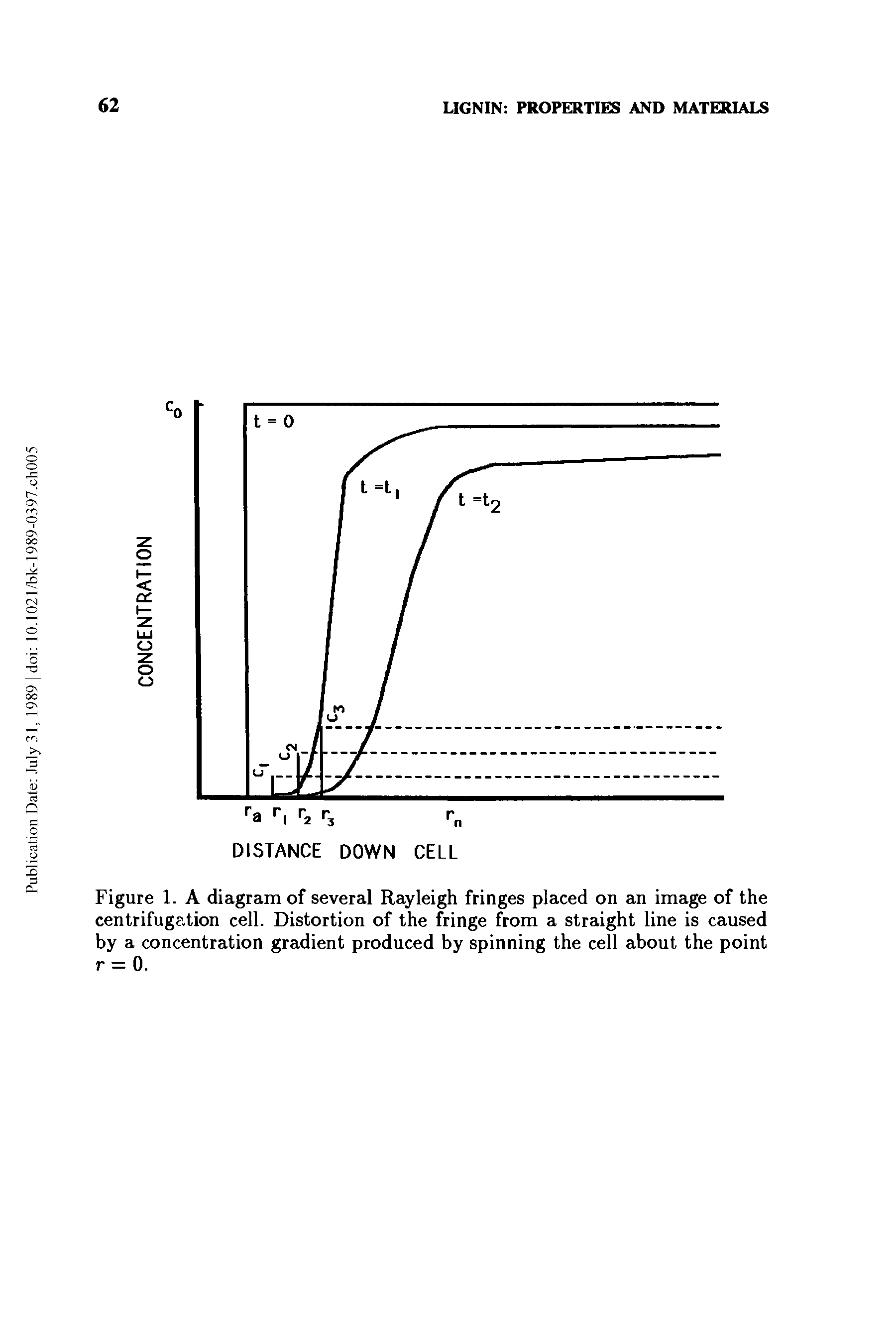 Figure 1. A diagram of several Rayleigh fringes placed on an image of the centrifugation cell. Distortion of the fringe from a straight line is caused by a concentration gradient produced by spinning the cell about the point r = 0.