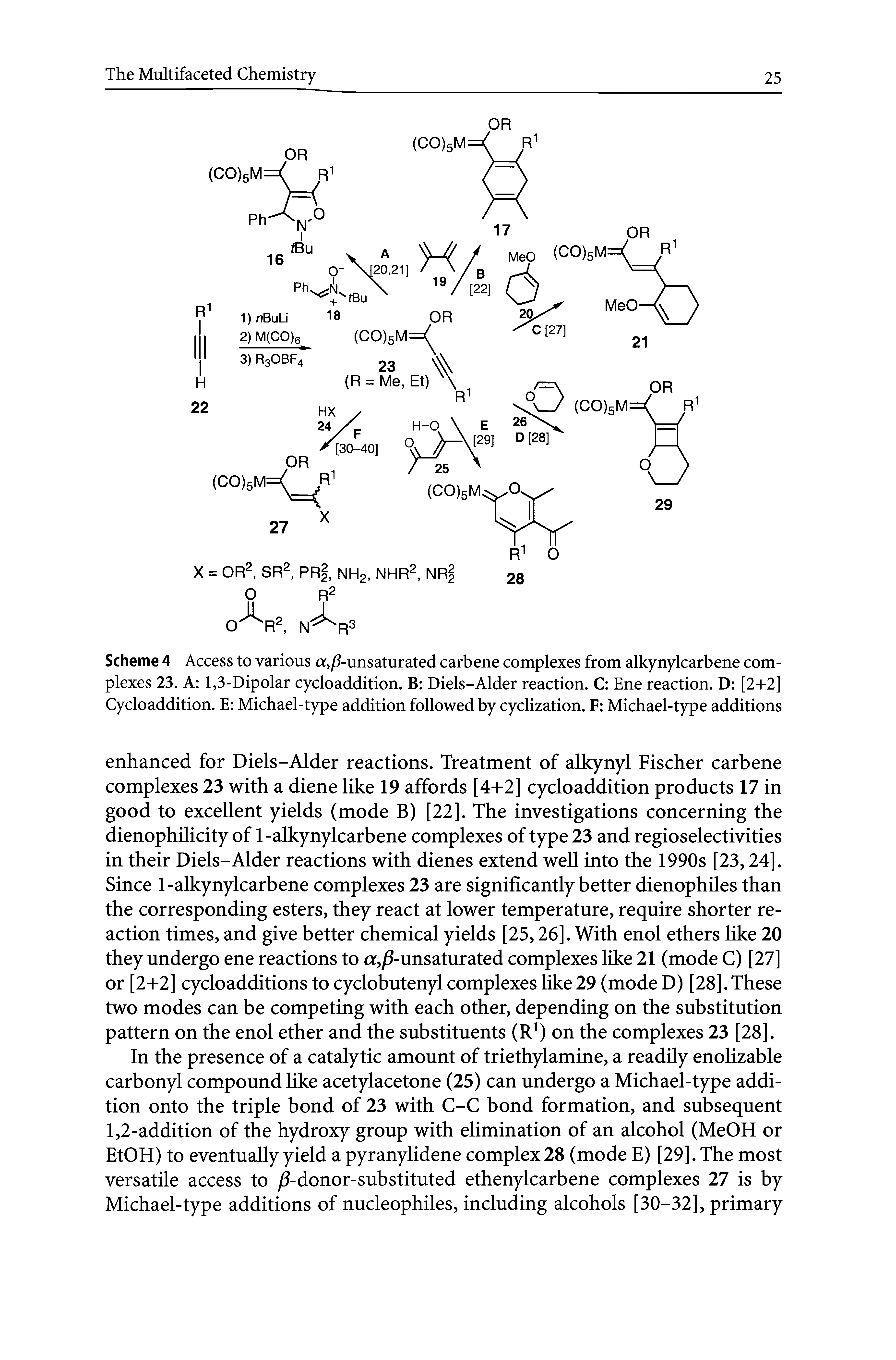 Scheme 4 Access to various a,/ -unsaturated carbene complexes from alkynylcarbene complexes 23. A 1,3-Dipolar cycloaddition. B Diels-Alder reaction. C Ene reaction. D [2+2] Cycloaddition. E Michael-type addition followed by cyclization. F Michael-type additions...
