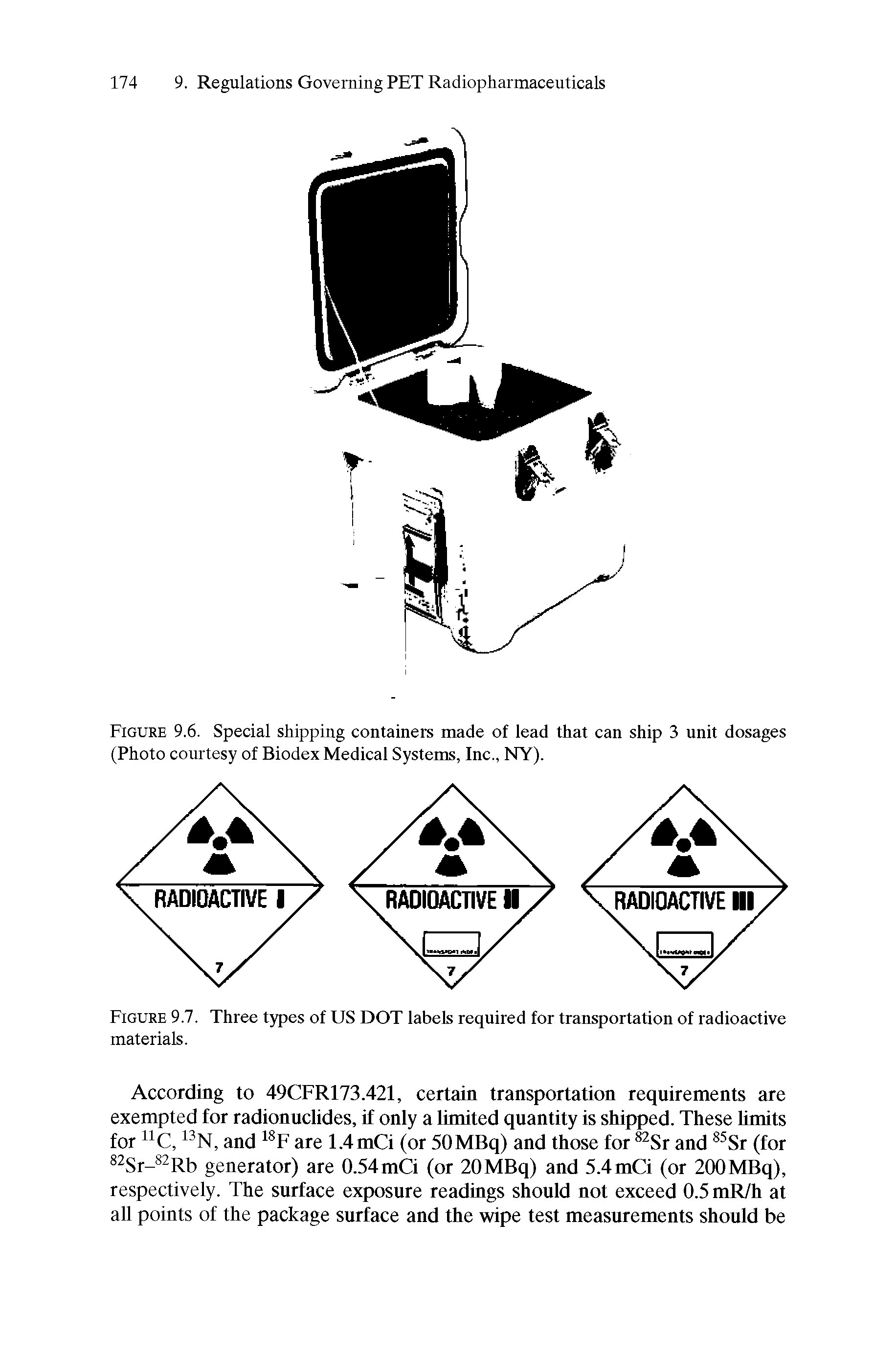 Figure 9.7. Three types of US DOT labels required for transportation of radioactive materials.