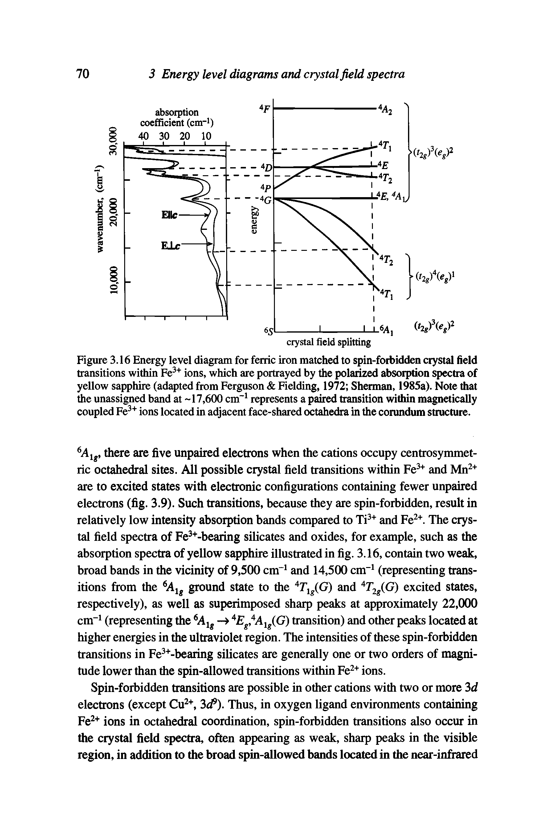 Figure 3.16 Energy level diagram for ferric iron matched to spin-forbidden crystal field transitions within Fe3+ ions, which are portrayed by the polarized absorption spectra of yellow sapphire (adapted from Ferguson Fielding, 1972 Sherman, 1985a). Note that the unassigned band at -17,600 cm-1 represents a paired transition within magnetically coupled Fe3+ ions located in adjacent face-shared octahedra in the corundum structure.