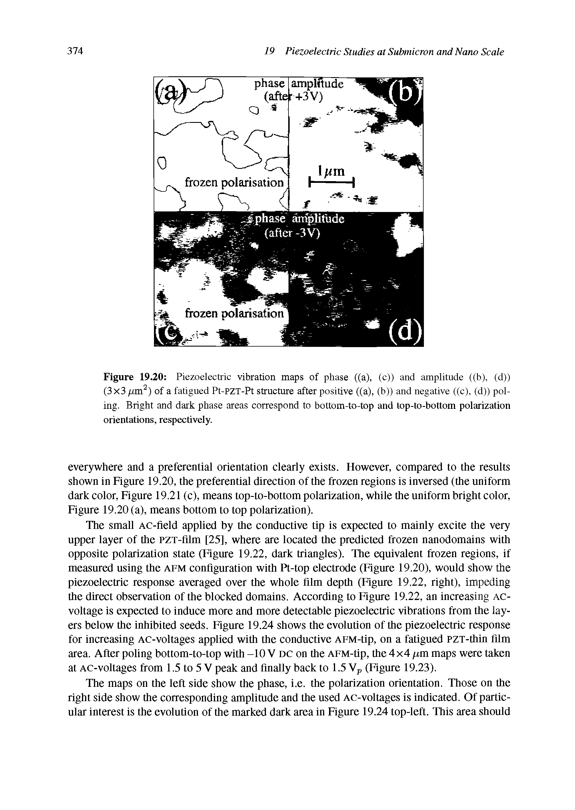 Figure 19.20 Piezoelectric vibration maps of phase ((a), (c)) and amplitude ((b), (d)) (3x3 /um2) of a fatigued Pt-PZT-Pt structure after positive ((a), (b)) and negative ((c), (d)) poling. Bright and dark phase areas correspond to bottom-to-top and top-to-bottom polarization orientations, respectively.