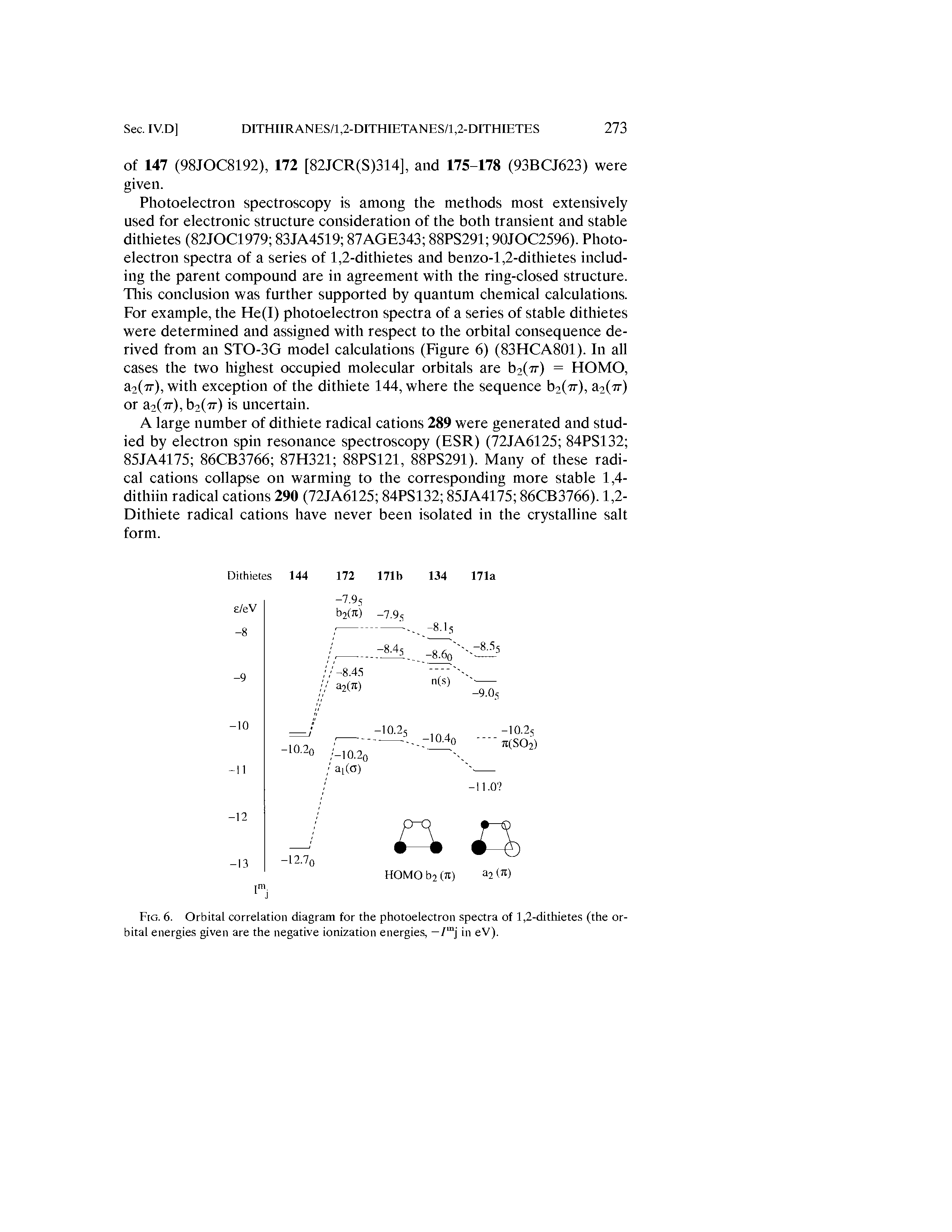 Fig. 6. Orbital correlation diagram for the photoelectron spectra of 1,2-dithietes (the orbital energies given are the negative ionization energies, -/ j in eV).