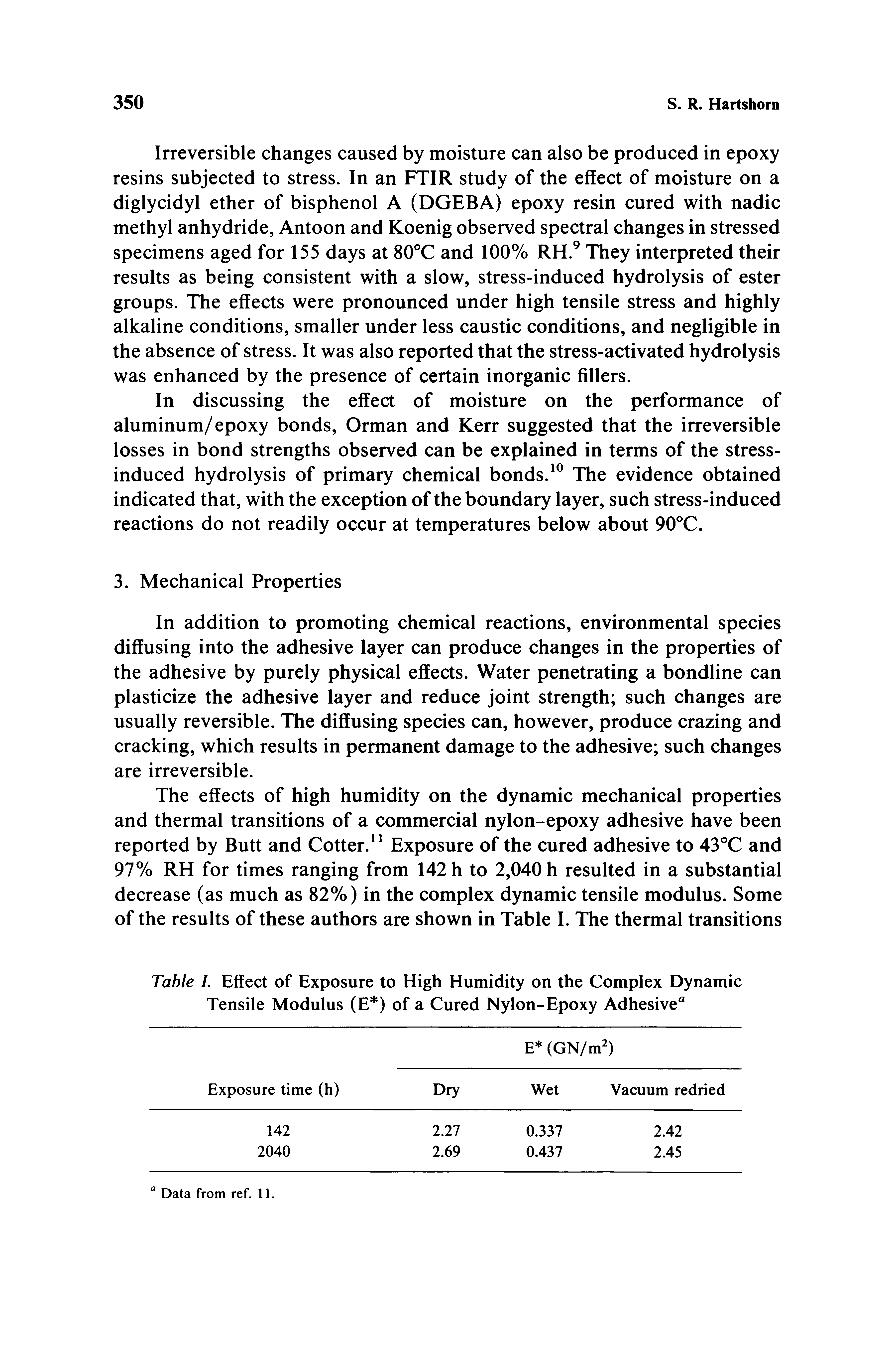 Table I. Effect of Exposure to High Humidity on the Complex Dynamic Tensile Modulus (E ) of a Cured Nylon-Epoxy Adhesive"...