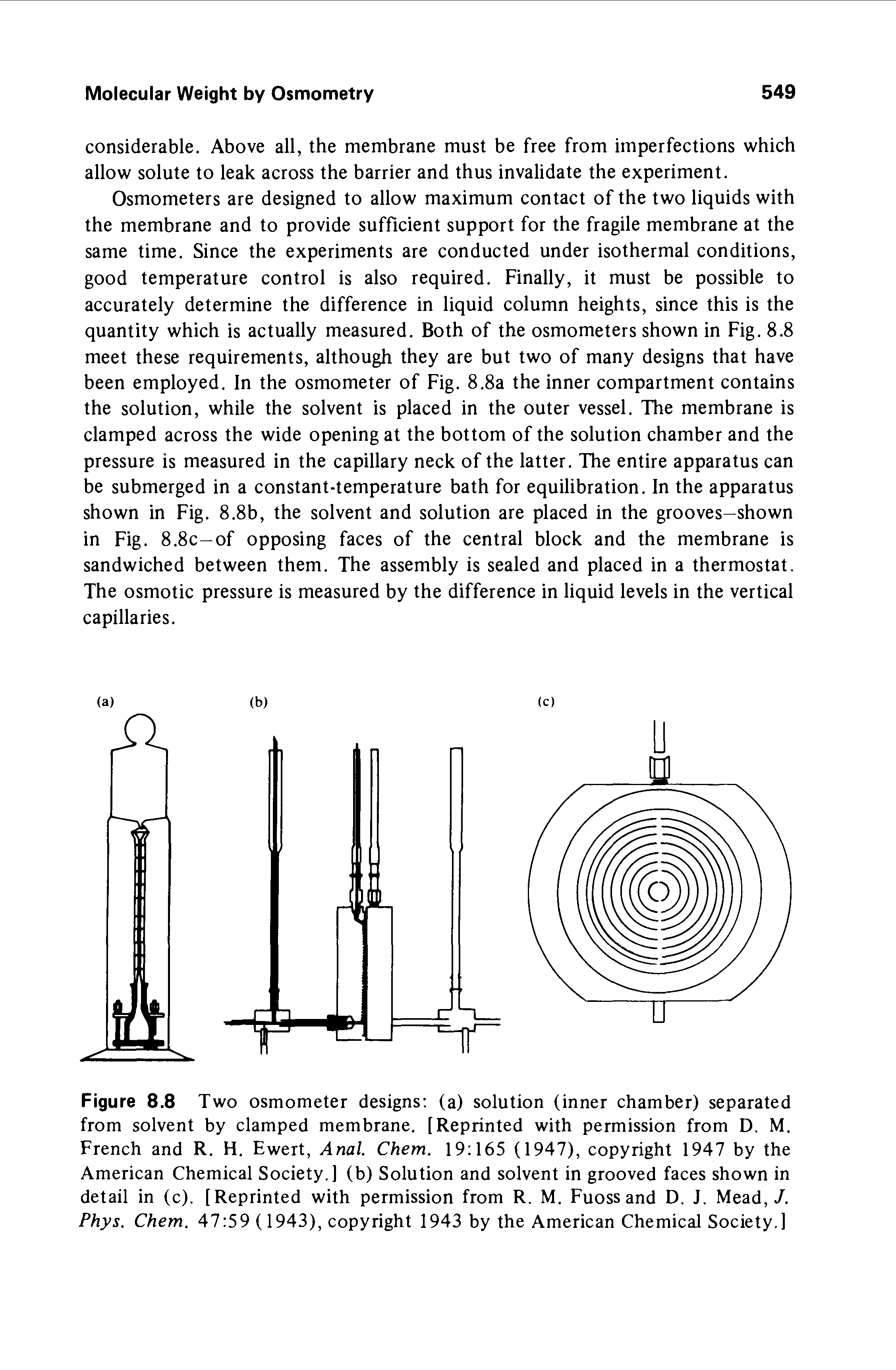 Figure 8.8 Two osmometer designs (a) solution (inner chamber) separated from solvent by clamped membrane. [Reprinted with permission from D, M. French and R. H. Ewert, Anal. Chem. 19 165 (1947), copyright 1947 by the American Chemical Society.] (b) Solution and solvent in grooved faces shown in detail in (c). [Reprinted with permission from R. M. Fuossand D. J. Mead,/. Phys. Chem. 47 59 (1943), copyright 1943 by the American Chemical Society.]...