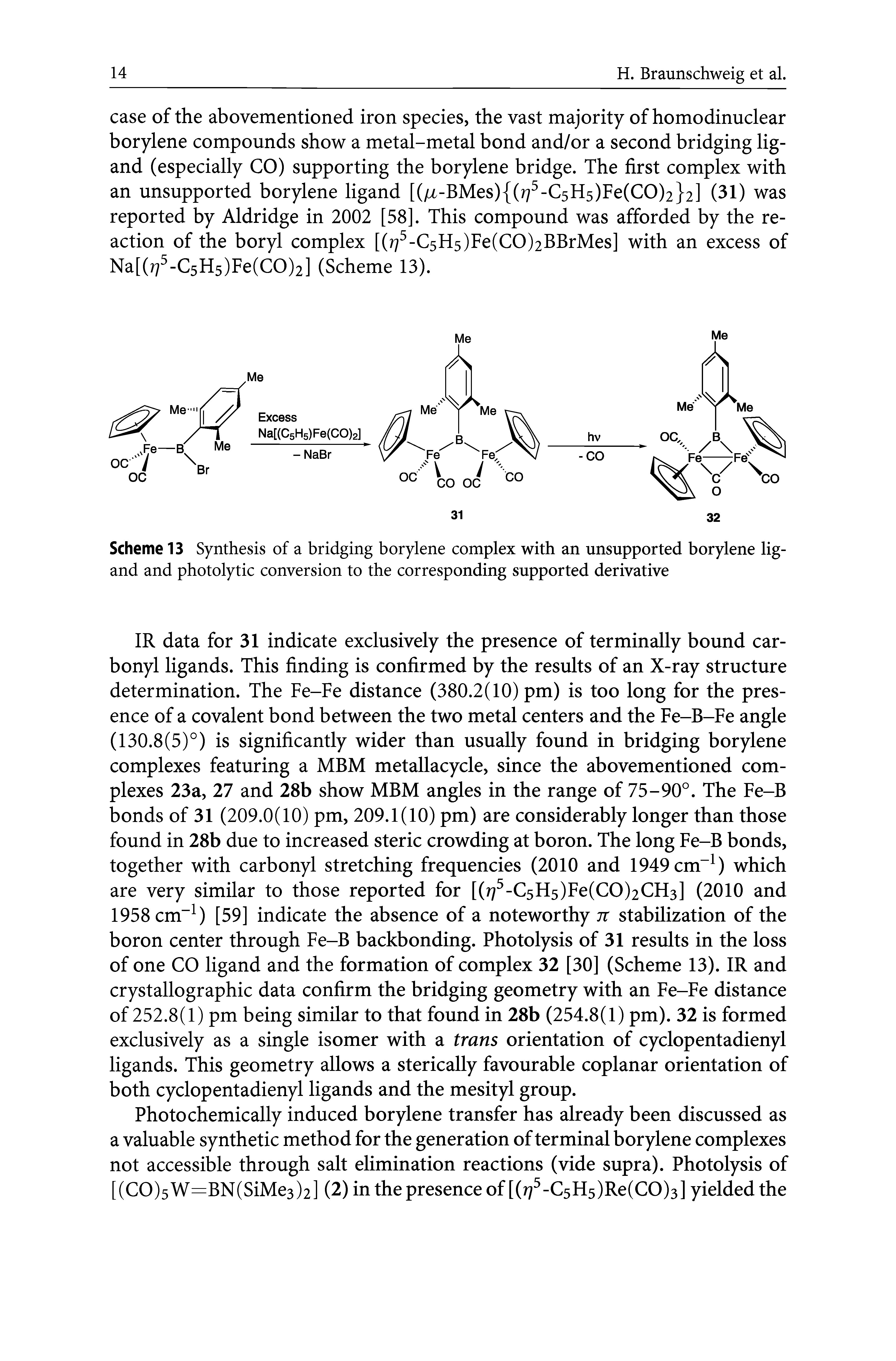 Scheme 13 Synthesis of a bridging borylene complex with an unsupported borylene ligand and photolytic conversion to the corresponding supported derivative...