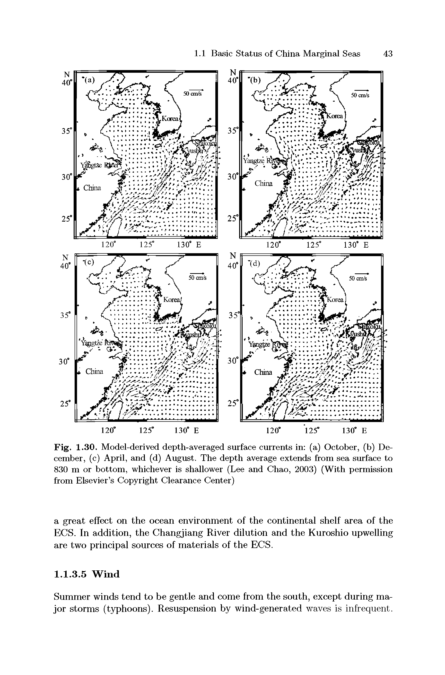 Fig. 1.30. Model-derived depth-averaged surface currents in (a) October, (b) December, (c) April, and (d) August. The depth average extends from sea surface to 830 m or bottom, whichever is shallower (Lee and Chao, 2003) (With permission from Elsevier s Copyright Clearance Center)...