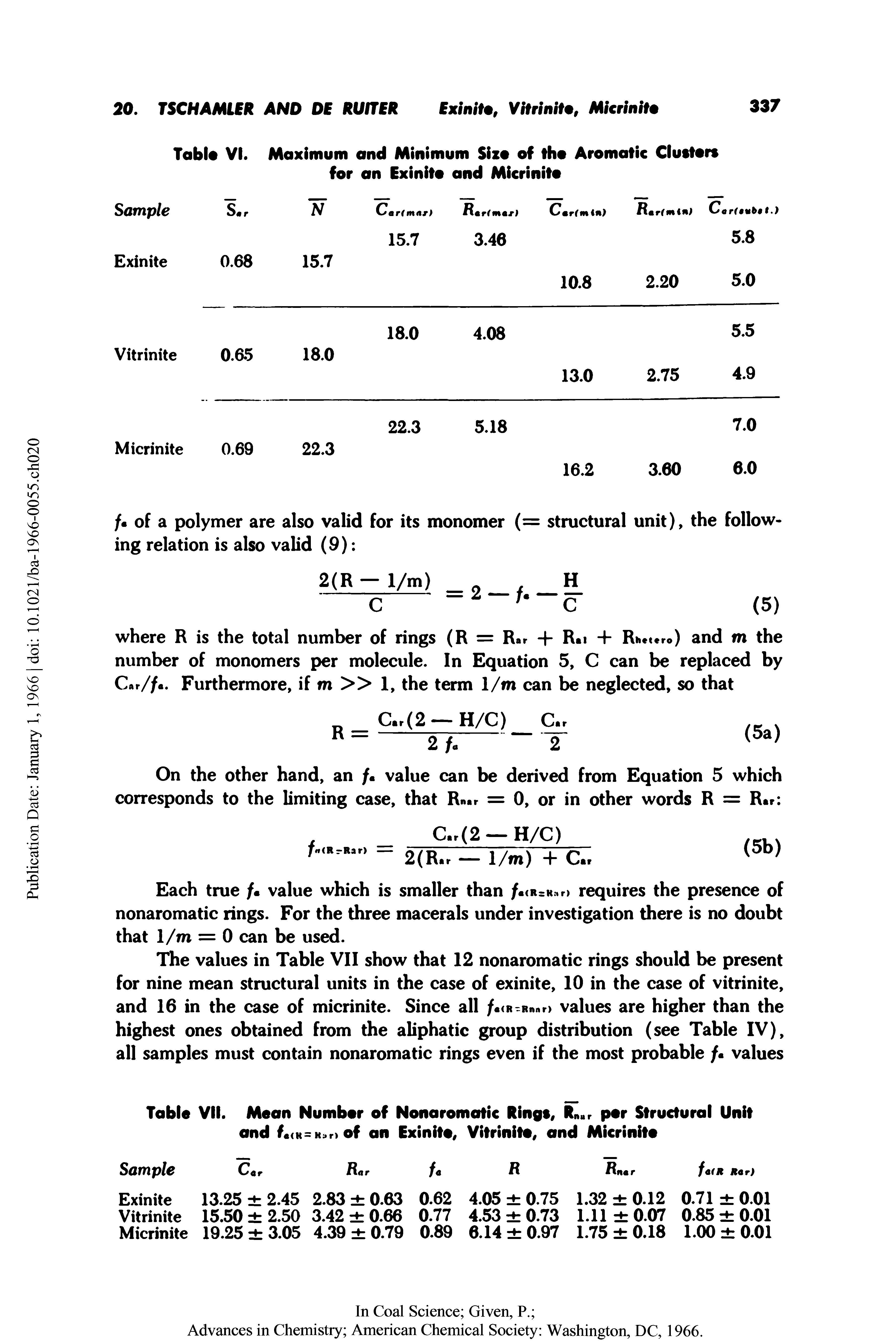 Table VII. Mean Number of Nonaromatic Rings, Rn r per Structural Unit and f <K= k rt of an Exinite, Vitrinite, and Micrinite...