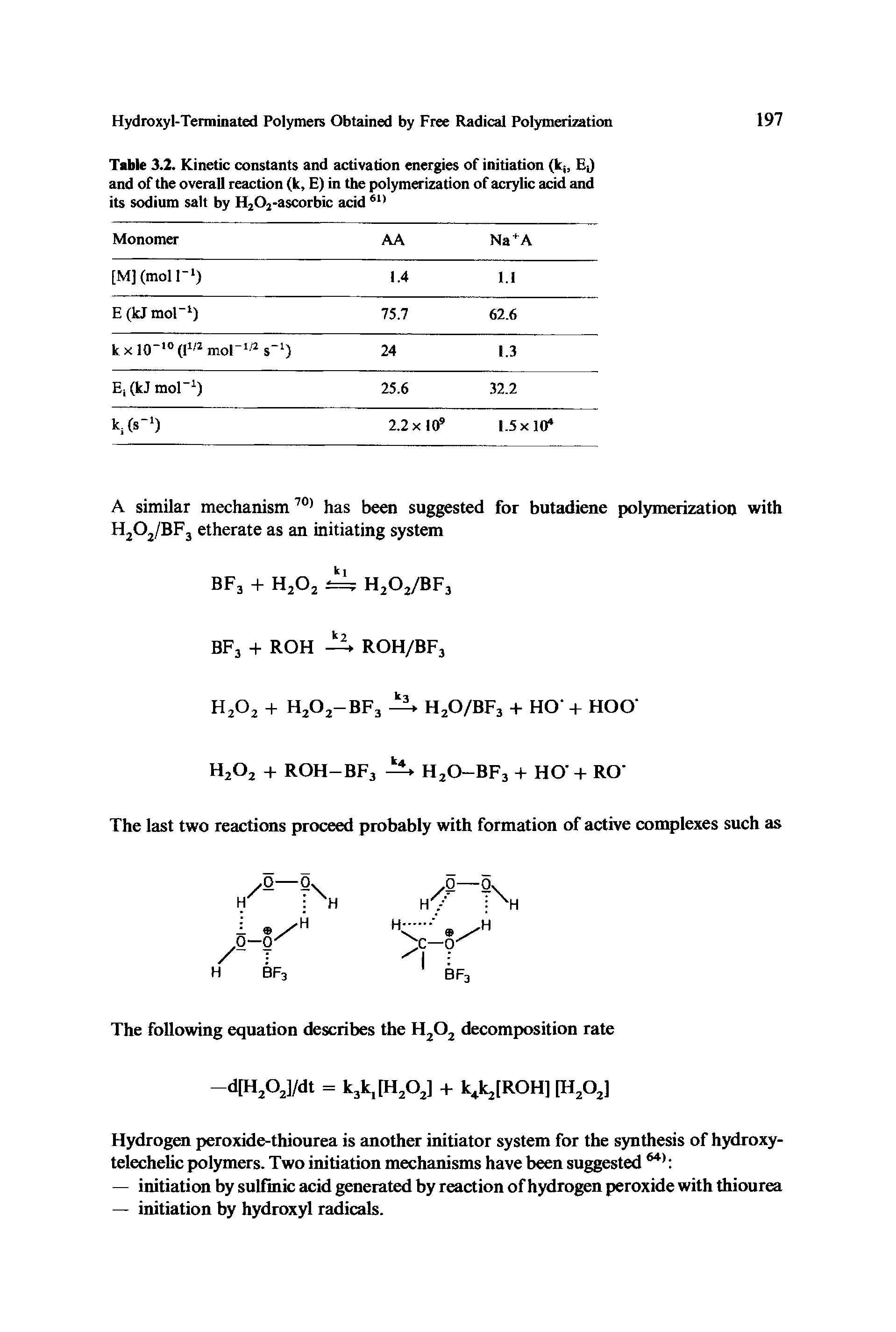 Table 3.2. Kinetic constants and activation energies of initiation (kjt EJ and of the overall reaction (k, E) in the polymerization of acrylic acid and its sodium salt by H202-ascorbic acid 61)...