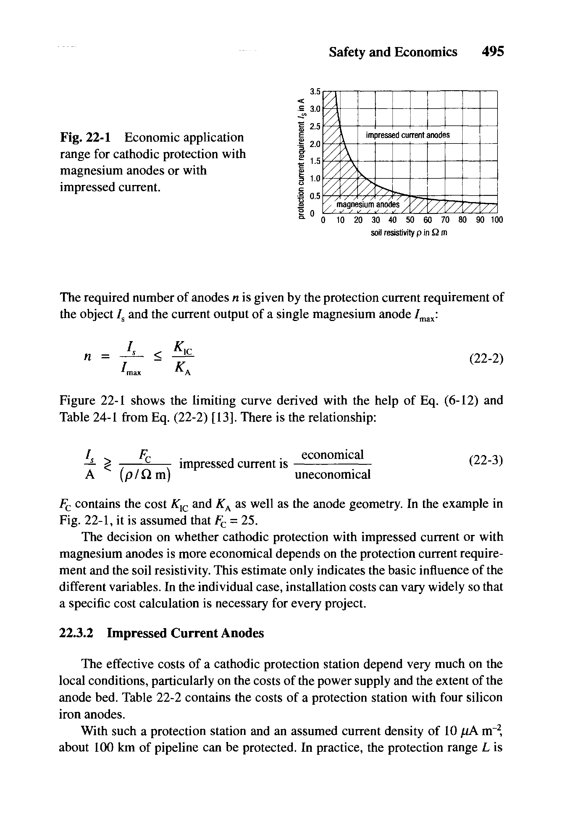 Fig. 22-1 Economic application range for cathodic protection with magnesium anodes or with impressed current.