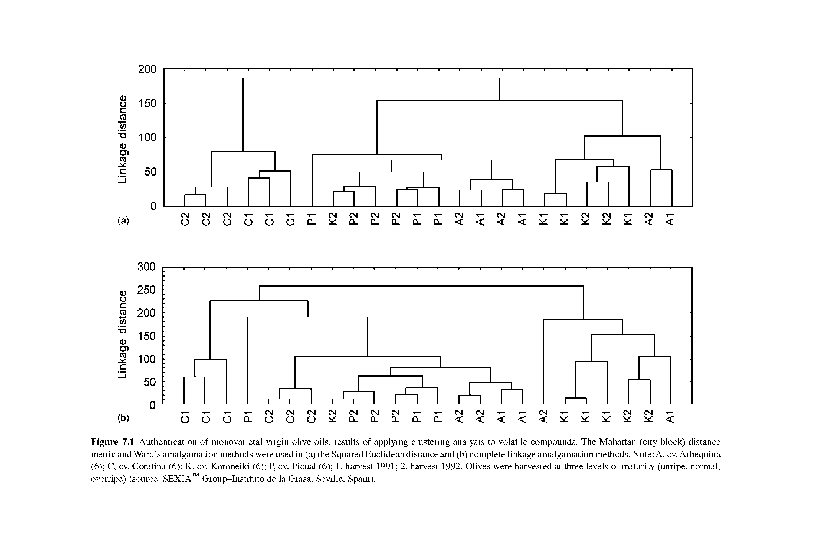 Figure 7.1 Authentication of monovarietal virgin olive oils results of applying clustering analysis to volatile compounds. The Mahattan (city block) distance metric and Ward s amalgamation methods were used in (a) the Squared Euclidean distance and (b) complete linkage amalgamation methods. Note A, cv. Arbequina (6) C, cv. Coratina (6) K, cv. Koroneiki (6) P, cv. Picual (6) 1, harvest 1991 2, harvest 1992. Olives were harvested at three levels of maturity (unripe, normal, overripe) (source SEXIA Group-Instituto de la Grasa, Seville, Spain).