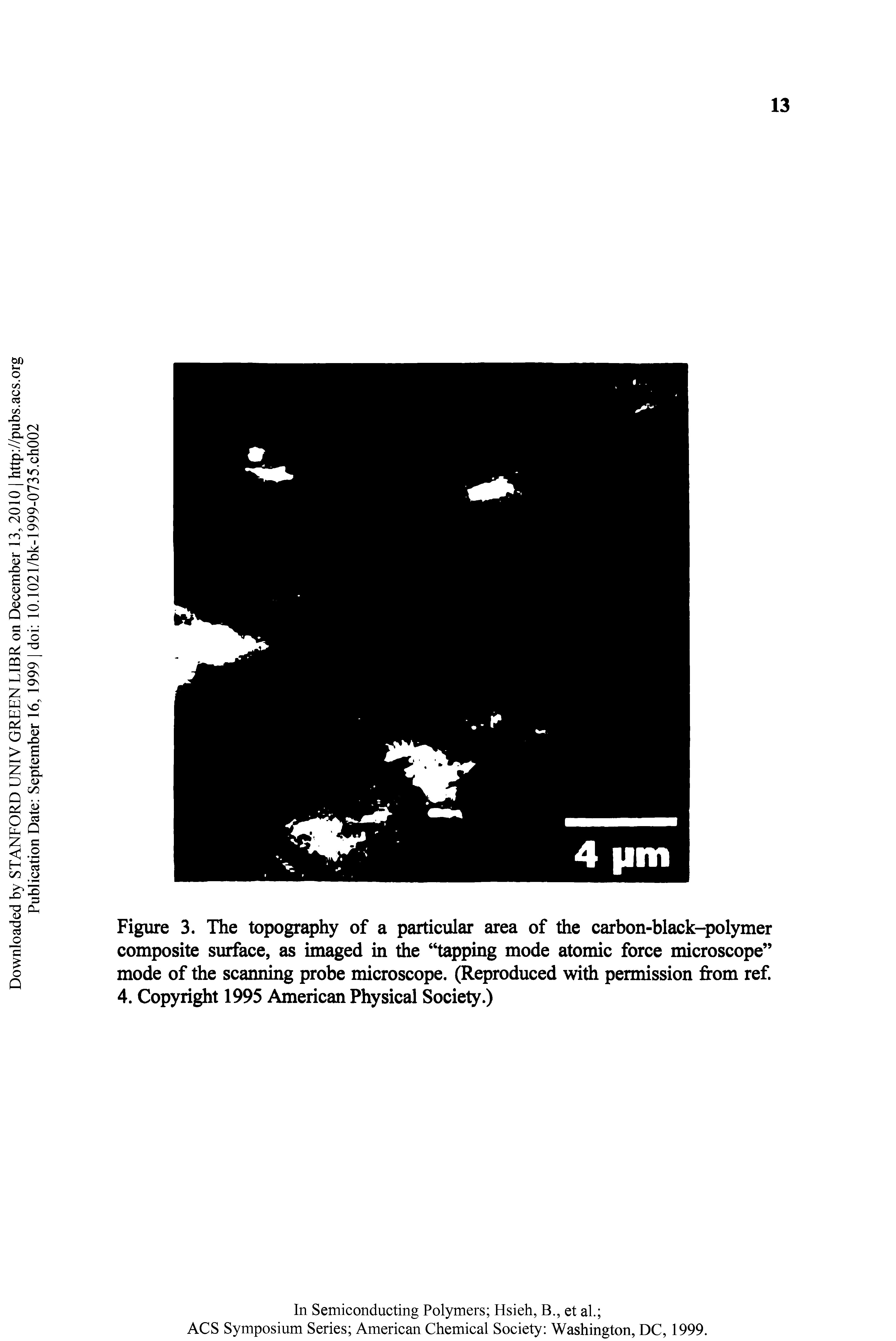 Figure 3. The topography of a particular area of the carbon-black-polymer composite surface, as imaged in Ae tapping mode atomic force microscope mode of the scanning probe microscope. (Reproduced with permission from ref 4. Copyright 1995 American Physical Society.)...