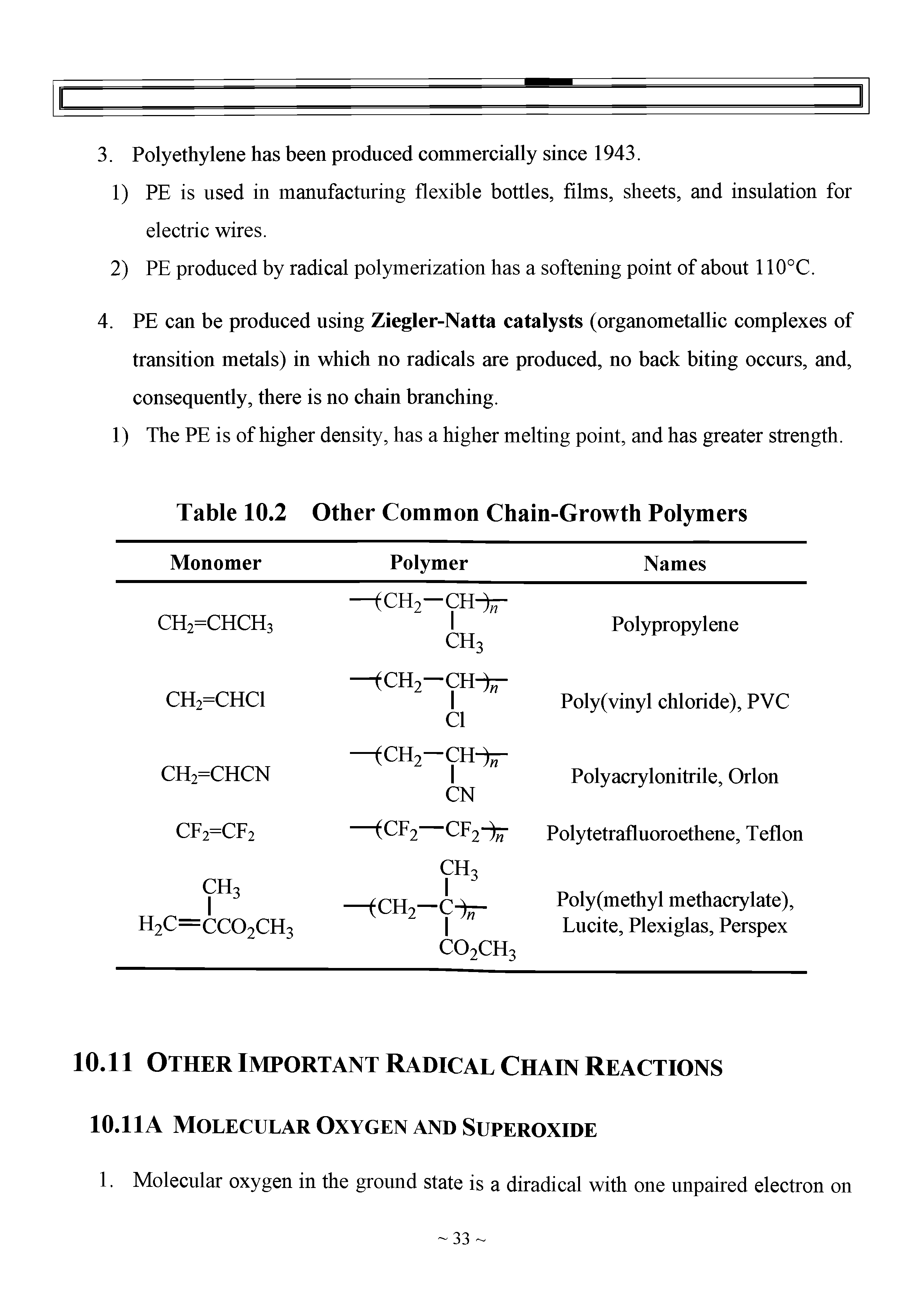 Table 10.2 Other Common Chain-Growth Polymers...