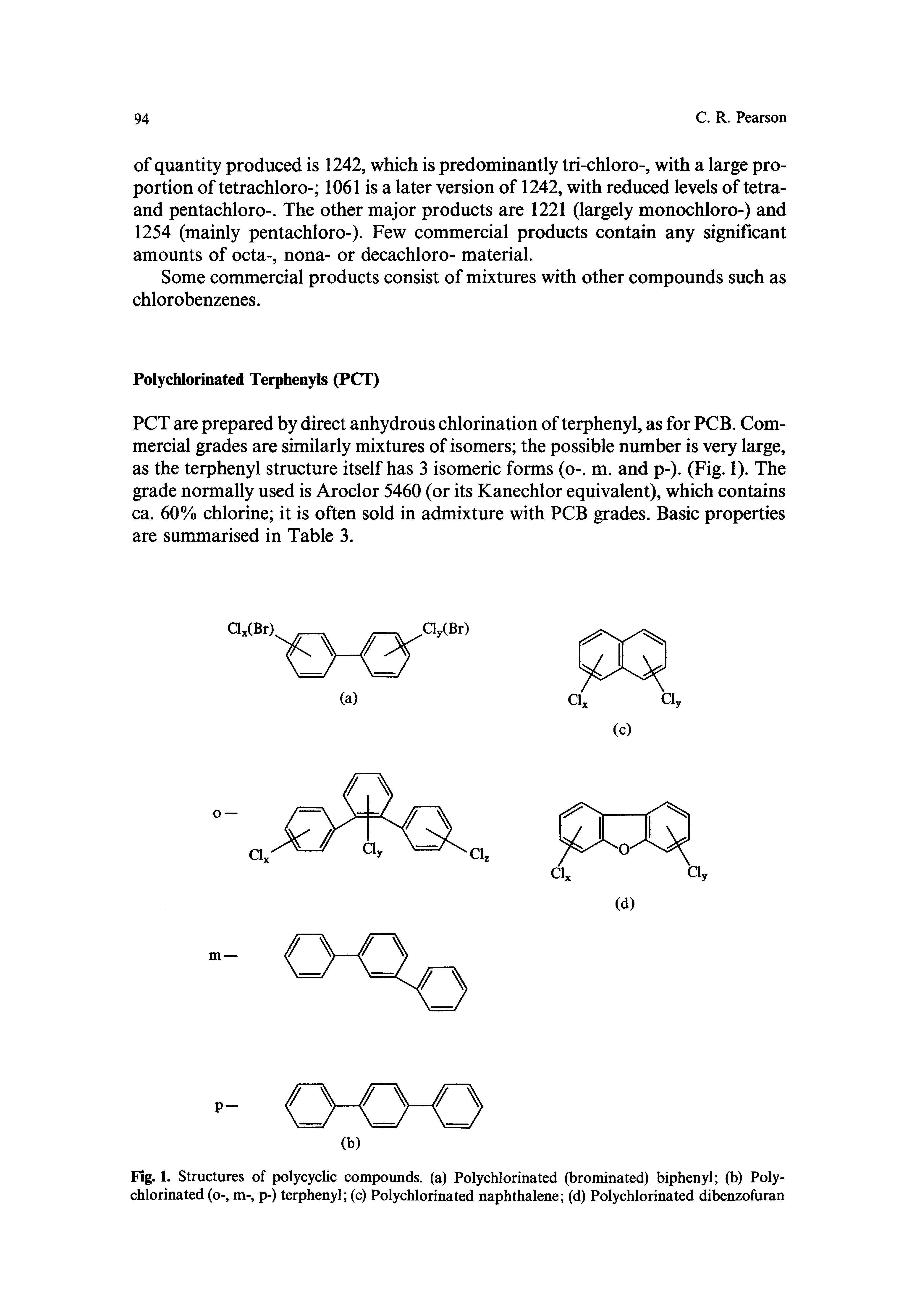 Fig. 1. Structures of polycyclic compounds, (a) Polychlorinated (brominated) biphenyl (b) Polychlorinated (o-, m-, p-) terphenyl (c) Polychlorinated naphthalene (d) Polychlorinated dibenzofuran...