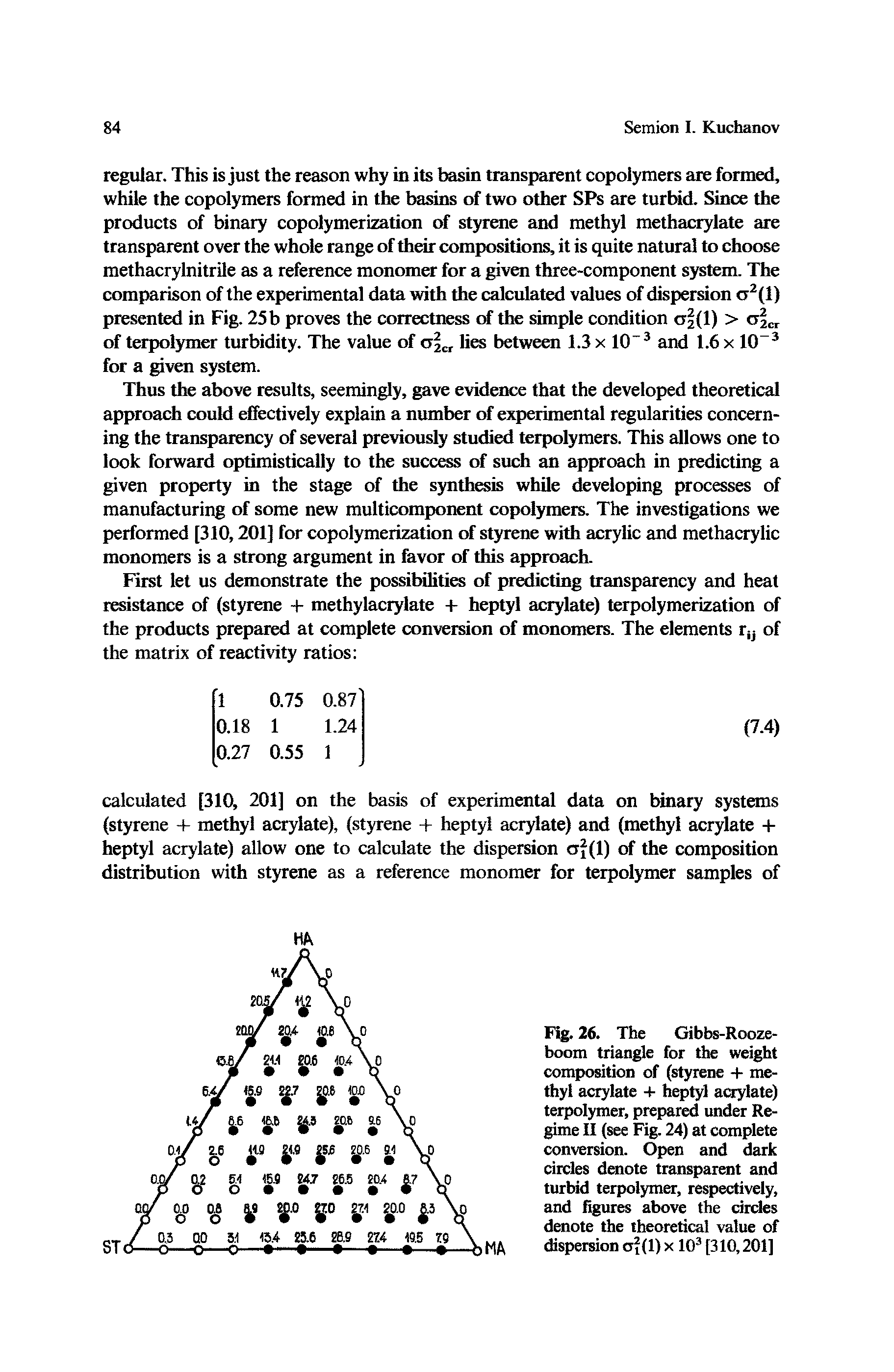 Fig. 26. The Gibbs-Rooze-boom triangle for the weight composition of (styrene + methyl acrylate + heptyl acrylate) terpolymer, prepared under Regime II (see Fig. 24) at complete conversion. Open and dark circles denote transparent and turbid terpolymer, respectively, and figures above the circles denote the theoretical value of...