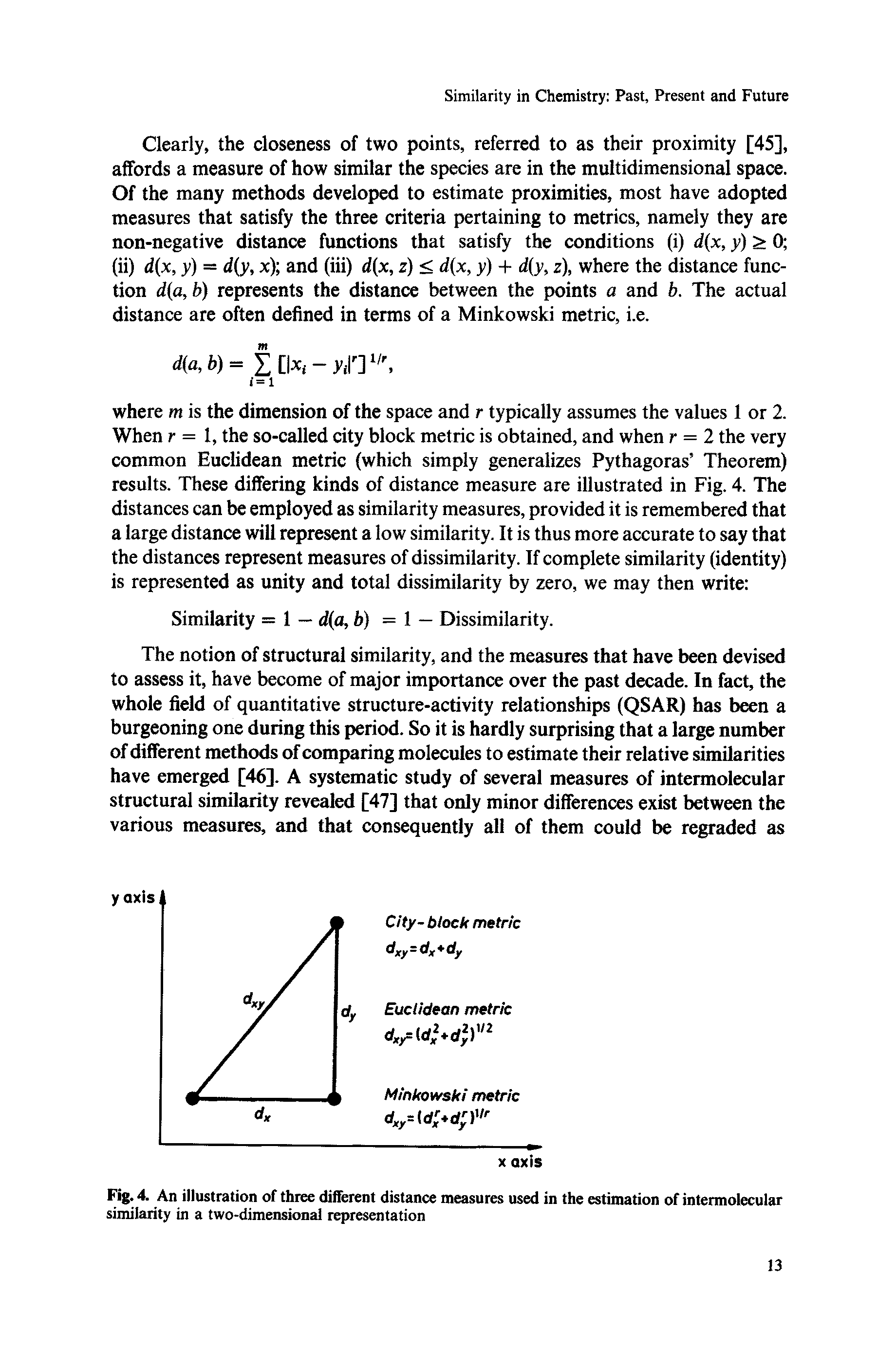 Fig. 4. An illustration of three different distance measures used in the estimation of intermolecular similarity in a two-dimensional representation...