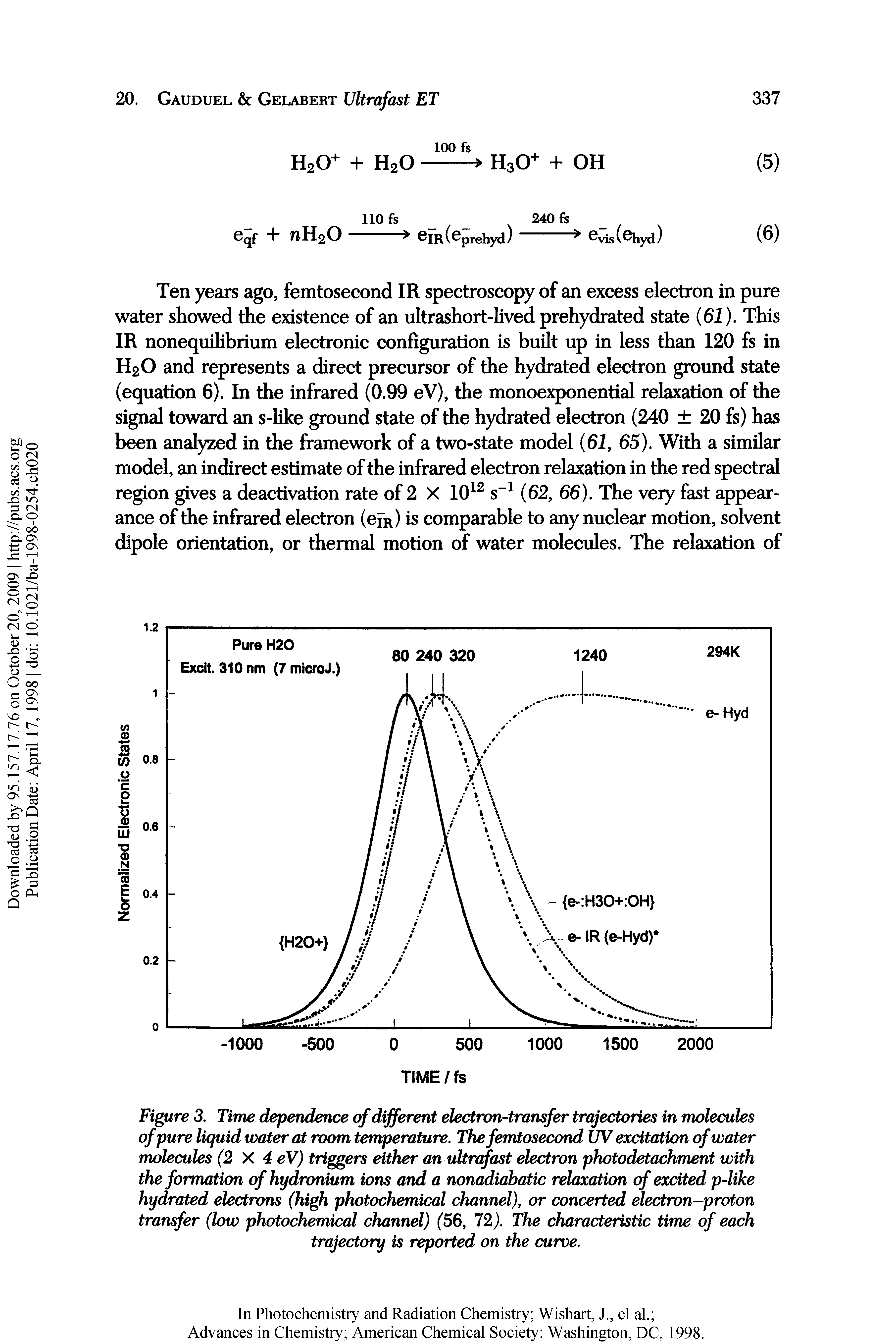 Figure 3. Time dependence of different electron-transfer trajectories in molecules of pure liquid water at room temperature. The femtosecond UV excitation of water molecules (2X4 eV) triggers either an ultrafast electron photodetachment with the formation of hydronium ions and a nonadiabatic relaxation of excited p-like hydrated electrons (high photochemical channel), or concerted electron-proton transfer (low photochemical channel) (56, 72). The characteristic time of each trajectory is reported on the curve.