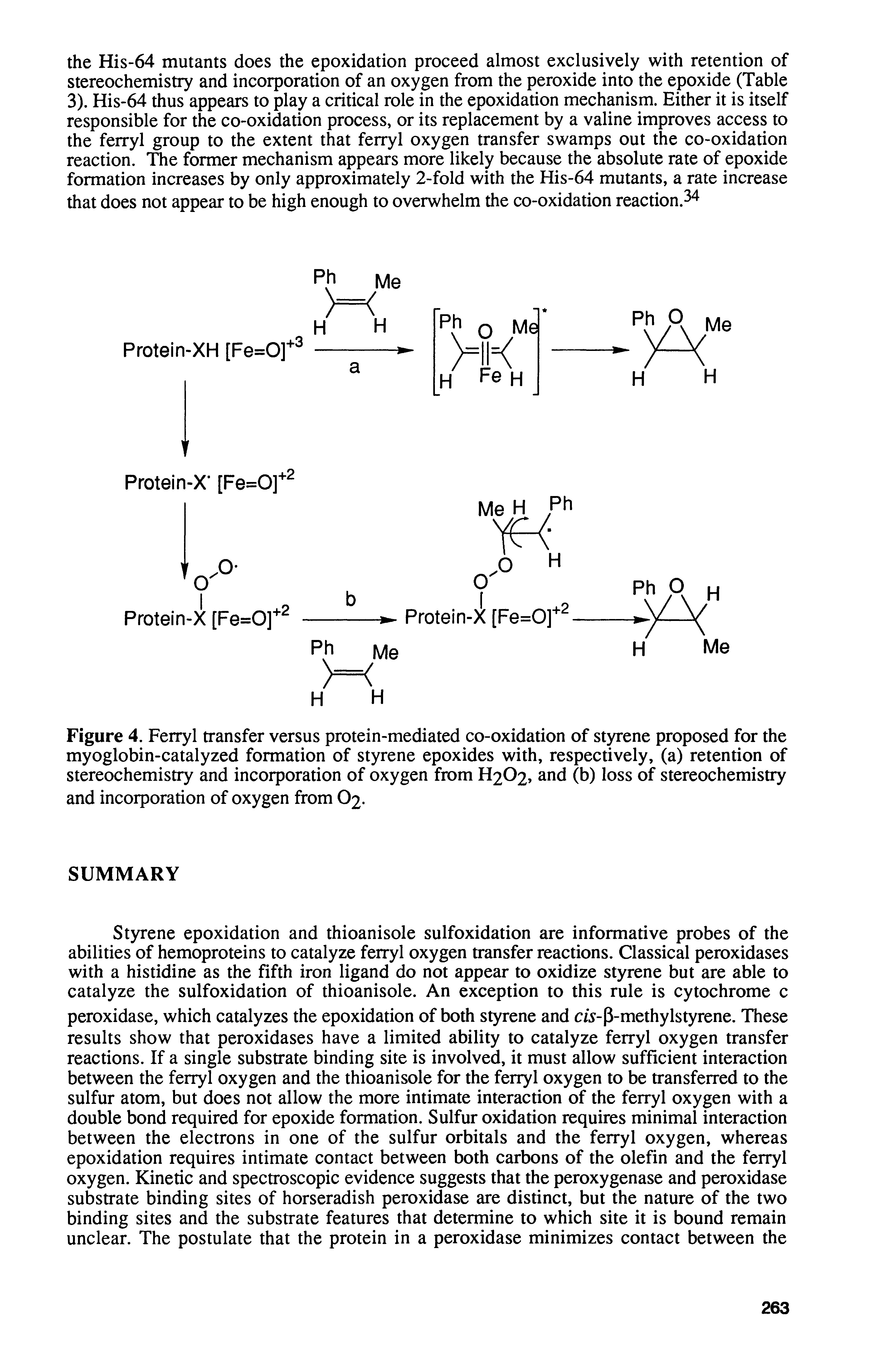 Figure 4. Ferryl transfer versus protein-mediated co-oxidation of styrene proposed for the myoglobin-catalyzed formation of styrene epoxides with, respectively, (a) retention of stereochemistry and incorporation of oxygen from H2O2, and (b) loss of stereochemistry and incorporation of oxygen from O2.