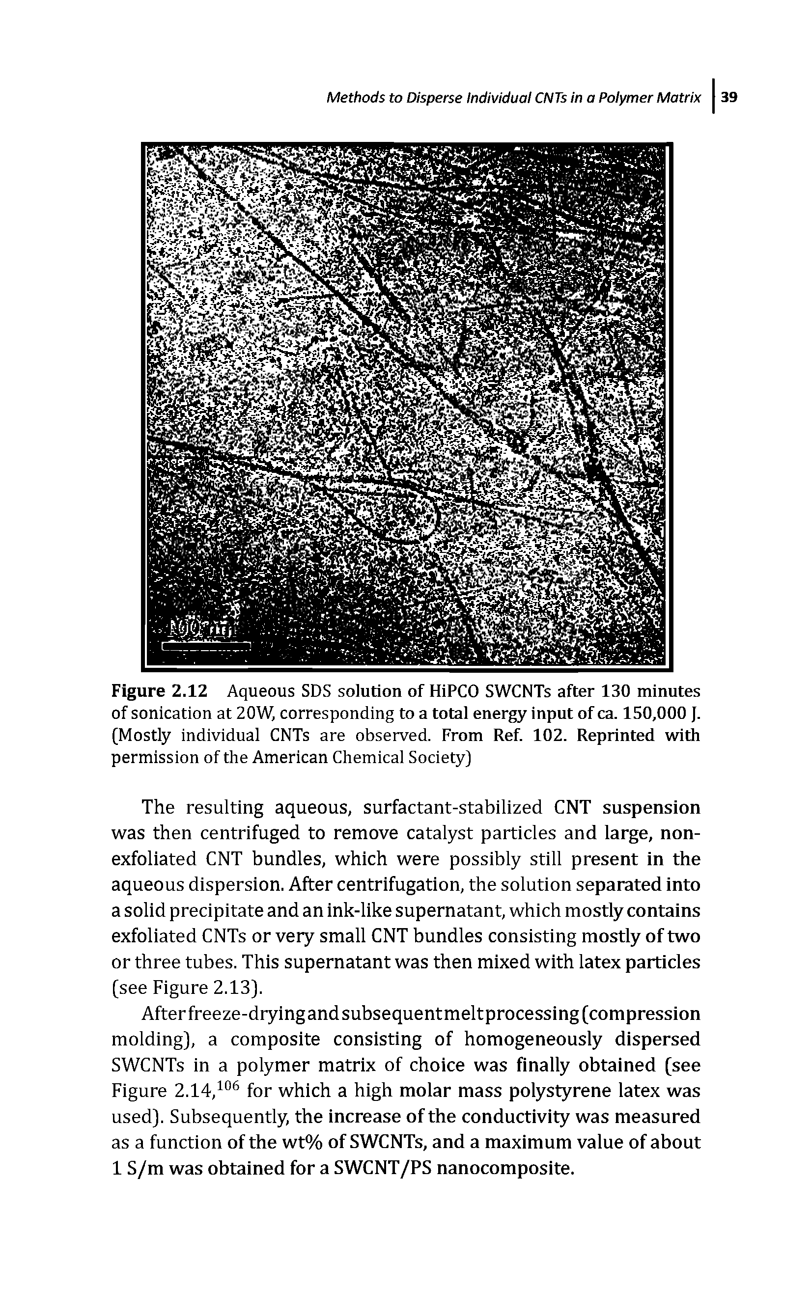 Figure 2.12 Aqueous SDS solution of HiPCO SWCNTs after 130 minutes of sonication at 20W, corresponding to a total energy input of ca. 150,000 J. (Mostly individual CNTs are observed. From Ref. 102. Reprinted with permission of the American Chemical Society)...