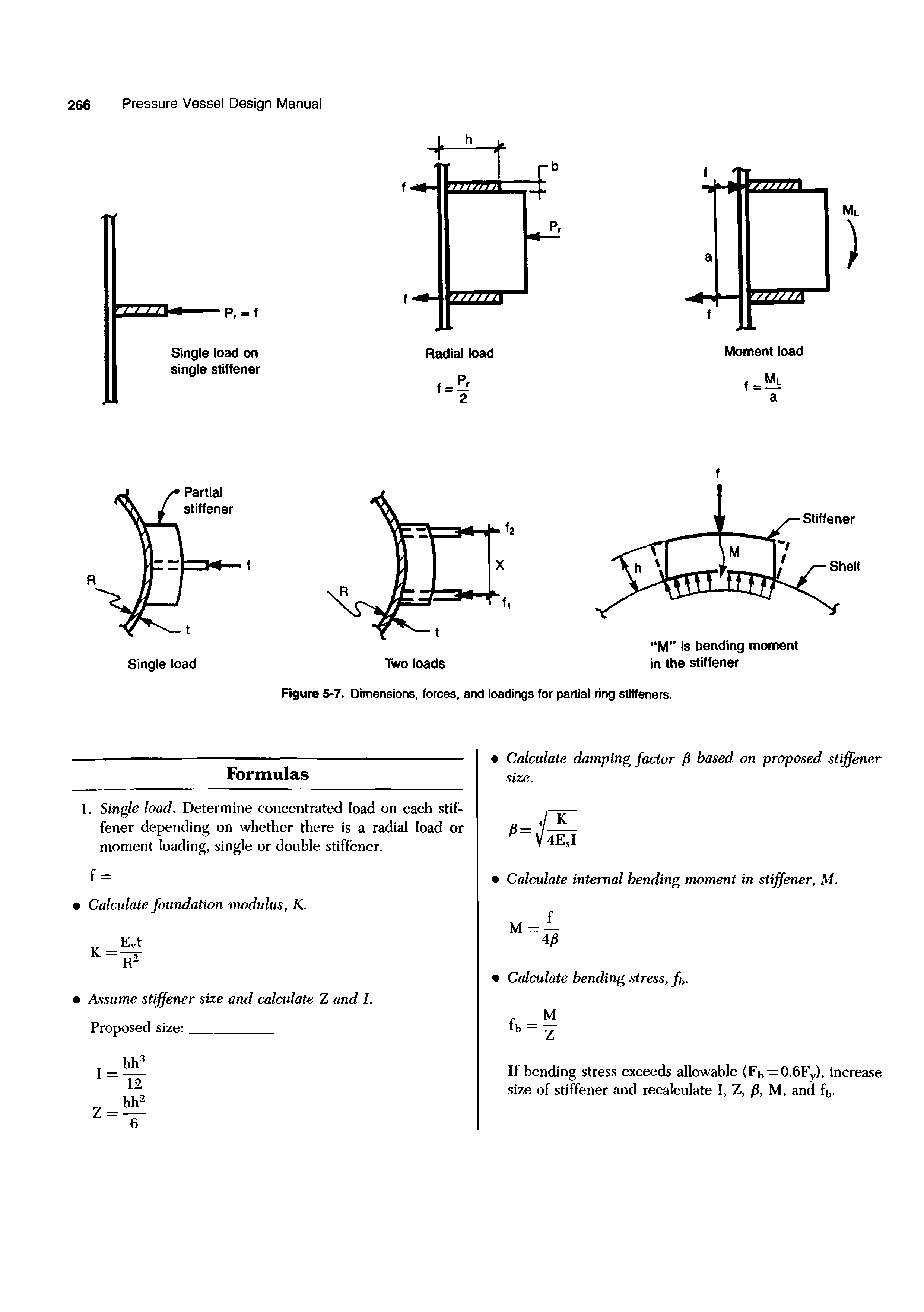 Figure 5-7. Dimensions, forces, and loadings for partial ring stiffeners.