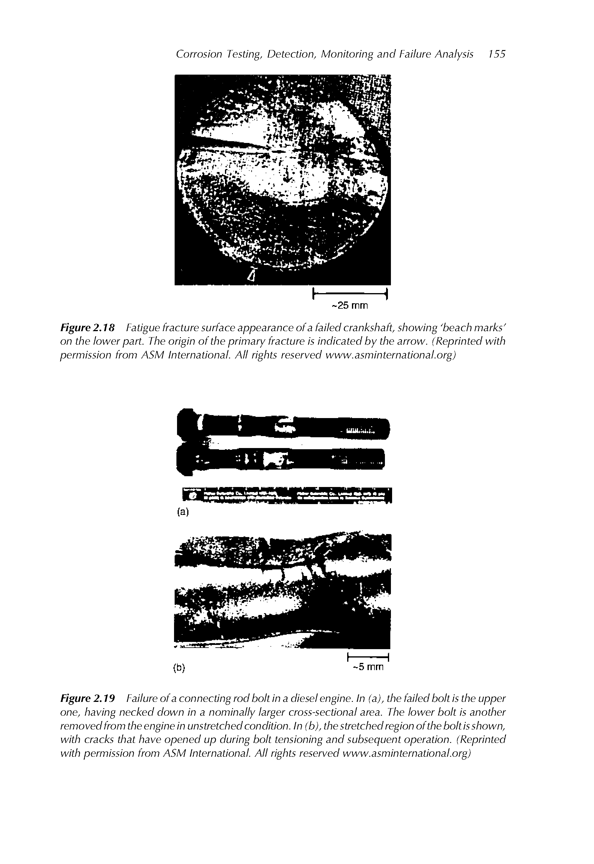 Figure 2.18 Fatigue fracture surface appearance of a failed crankshaft, showing beach marks on the lower part. The origin of the primary fracture is indicated by the arrow. (Reprinted with permission from ASM International. All rights reserved www.asminternational.org)...