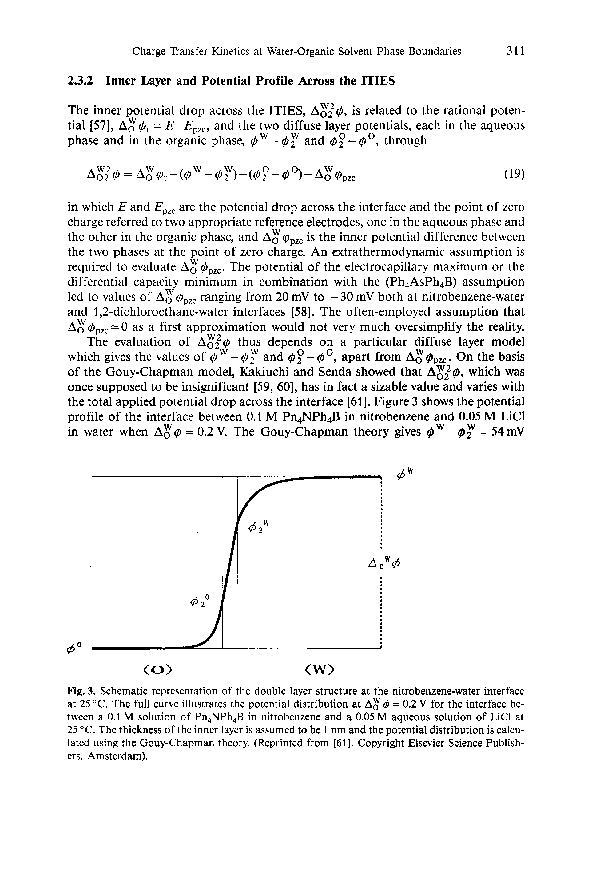Fig. 3. Schematic representation of the double layer structure at the nitrobenzene-water interface at 25 C. The full curve illustrates the potential distribution at Aq 0 = 0.2 V for the interface between a 0.1 M solution of Pn4NPh4B in nitrobenzene and a 0.05 M aqueous solution of LiCl at 25 °C. The thickness of the inner layer is assumed to be 1 nm and the potential distribution is calculated using the Gouy-Chapman theory. (Reprinted from [61]. Copyright Elsevier Seience Publishers, Amsterdam).
