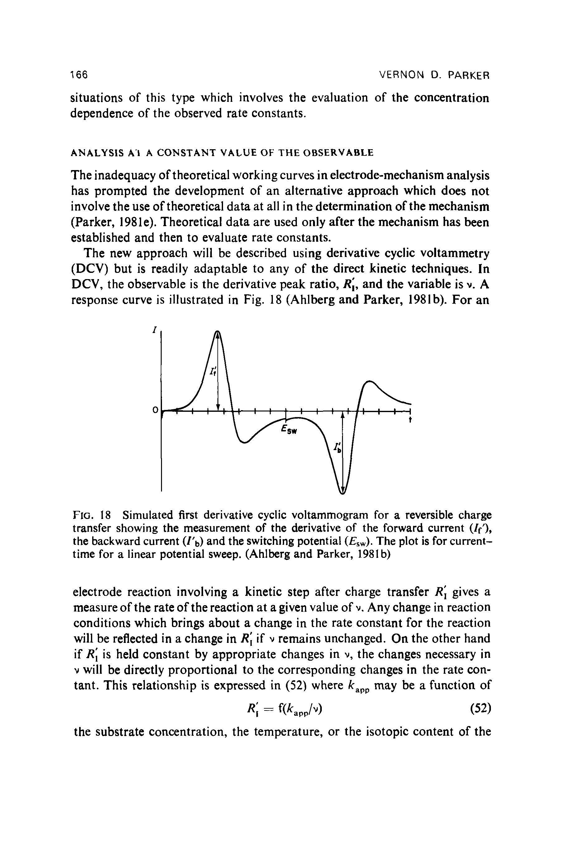 Fig. 18 Simulated first derivative cyclic voltammogram for a reversible charge transfer showing the measurement of the derivative of the forward current (//), the backward current (/ b) and the switching potential ( sw)- The plot is for currenttime for a linear potential sweep. (Ahlberg and Parker, 1981b)...